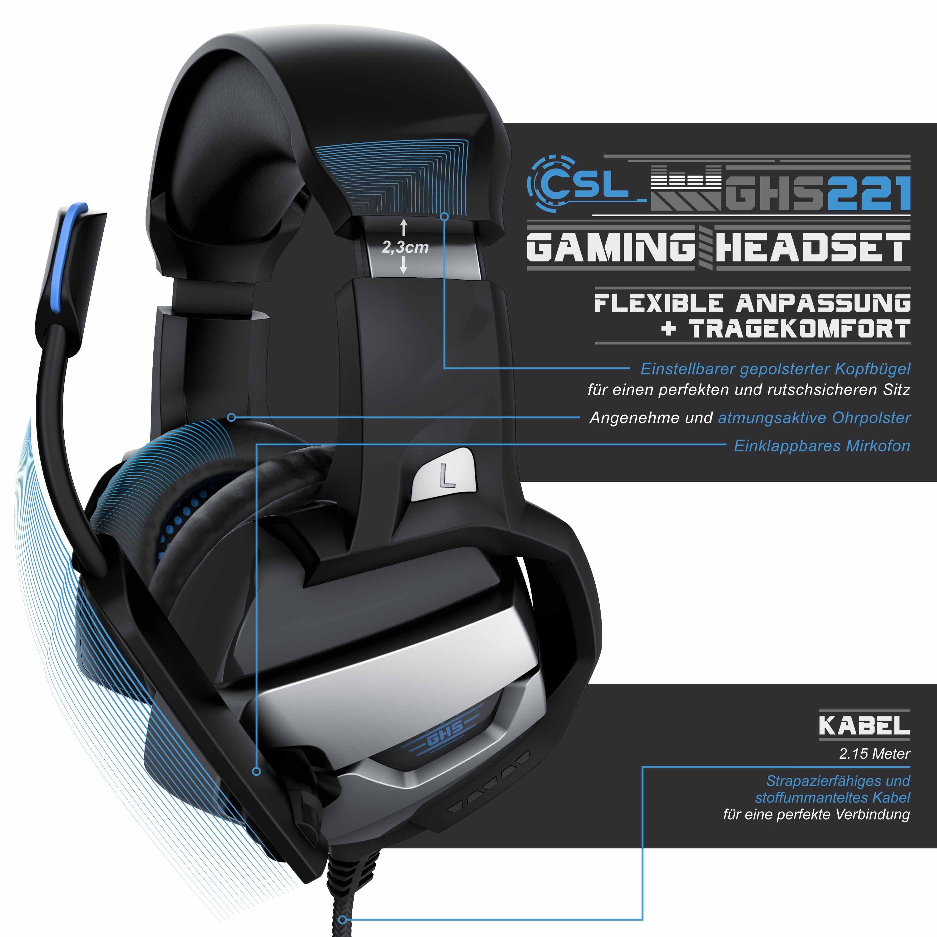 CSL Gaming-Headset (Blaue LED-Beleuchtung; Kopfbügel variabel verstellbar; Bietet kristallklaren Hoch-, Mittel- und Tieftonbereich + dynamische Basswiedergabe, Gaming Headset 