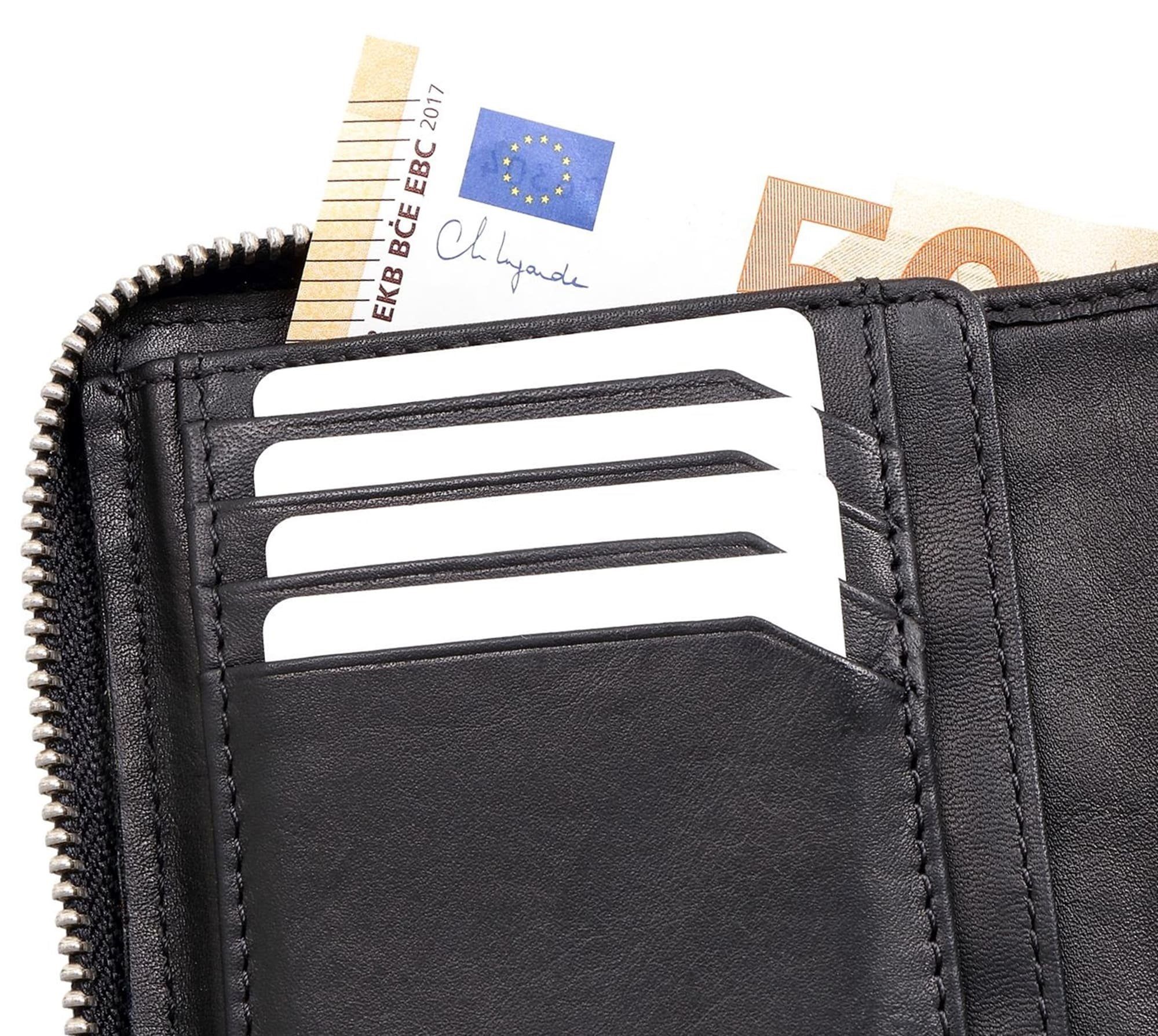 Brown Bear Geldbörse Classic 8009 umlaufender Reißverschluss Unisex Echtleder, 8 Kartenfächer Sichtfach RFID Schutz Farbe Schwarz Nappa