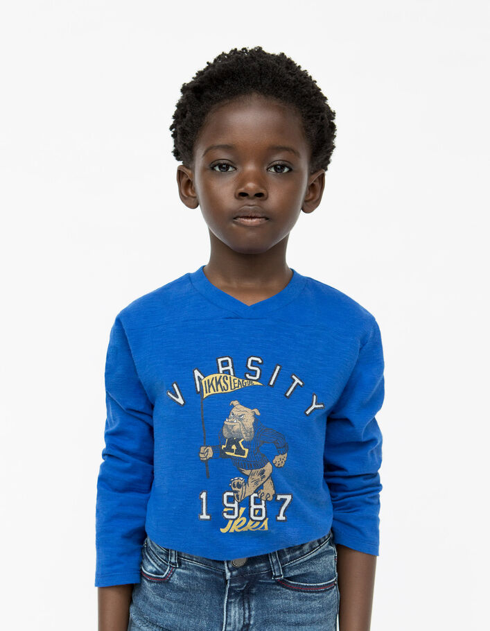 T-shirt bleu électrique coton bio visuel bouledogue garçon