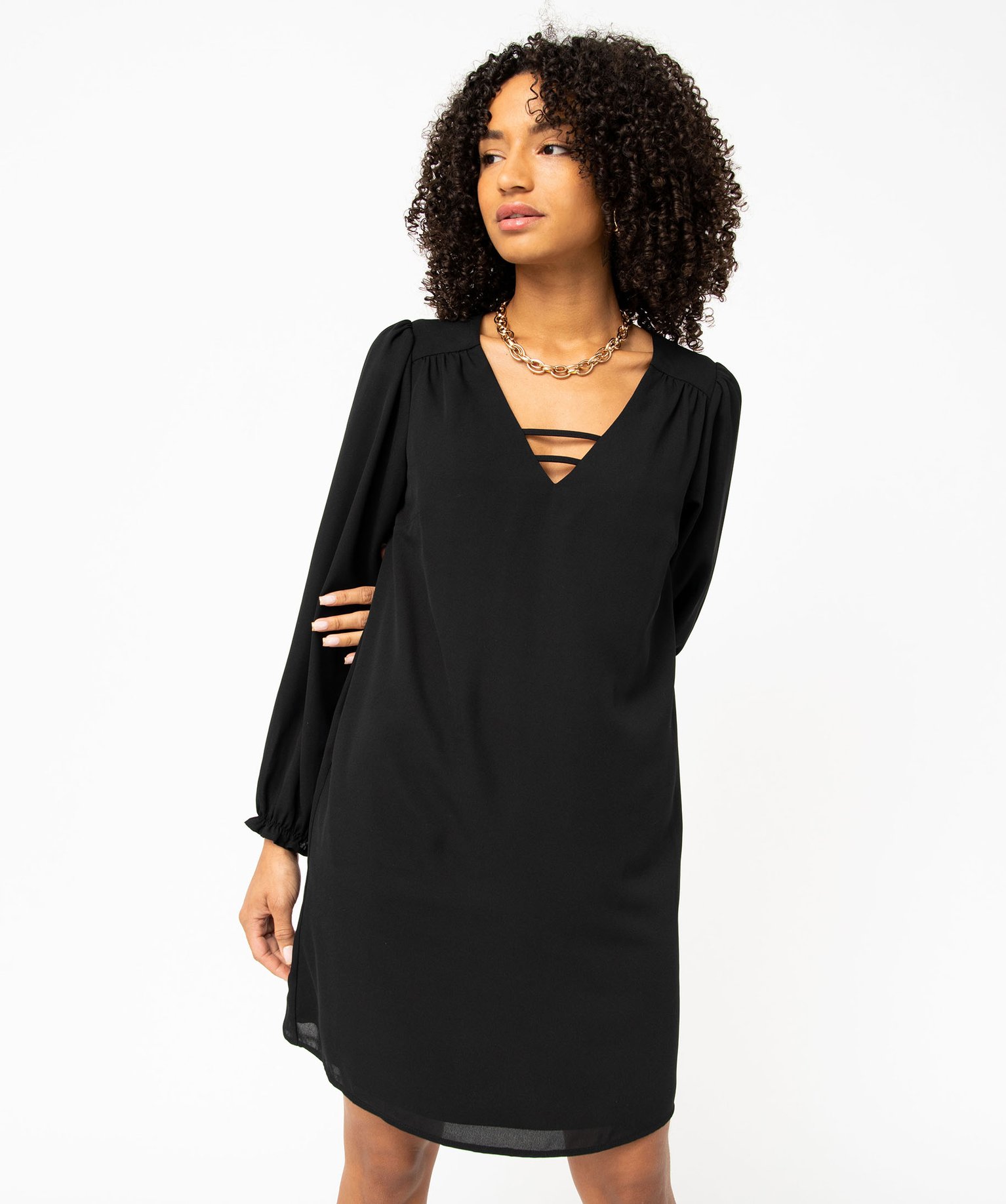 Robe droite à manches longues et col V femme marine | GEMO