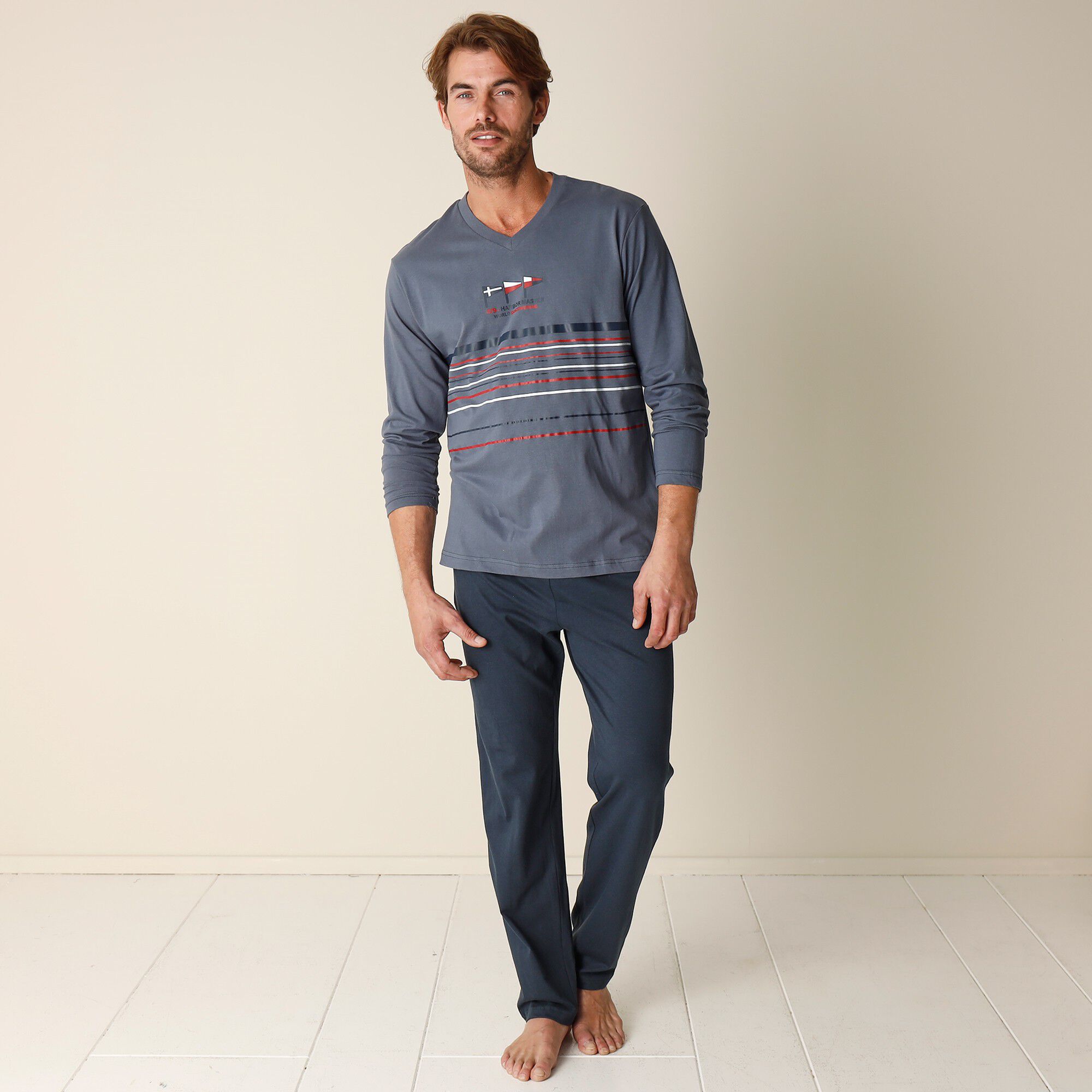Pyjama long col V manches longues coton adouci