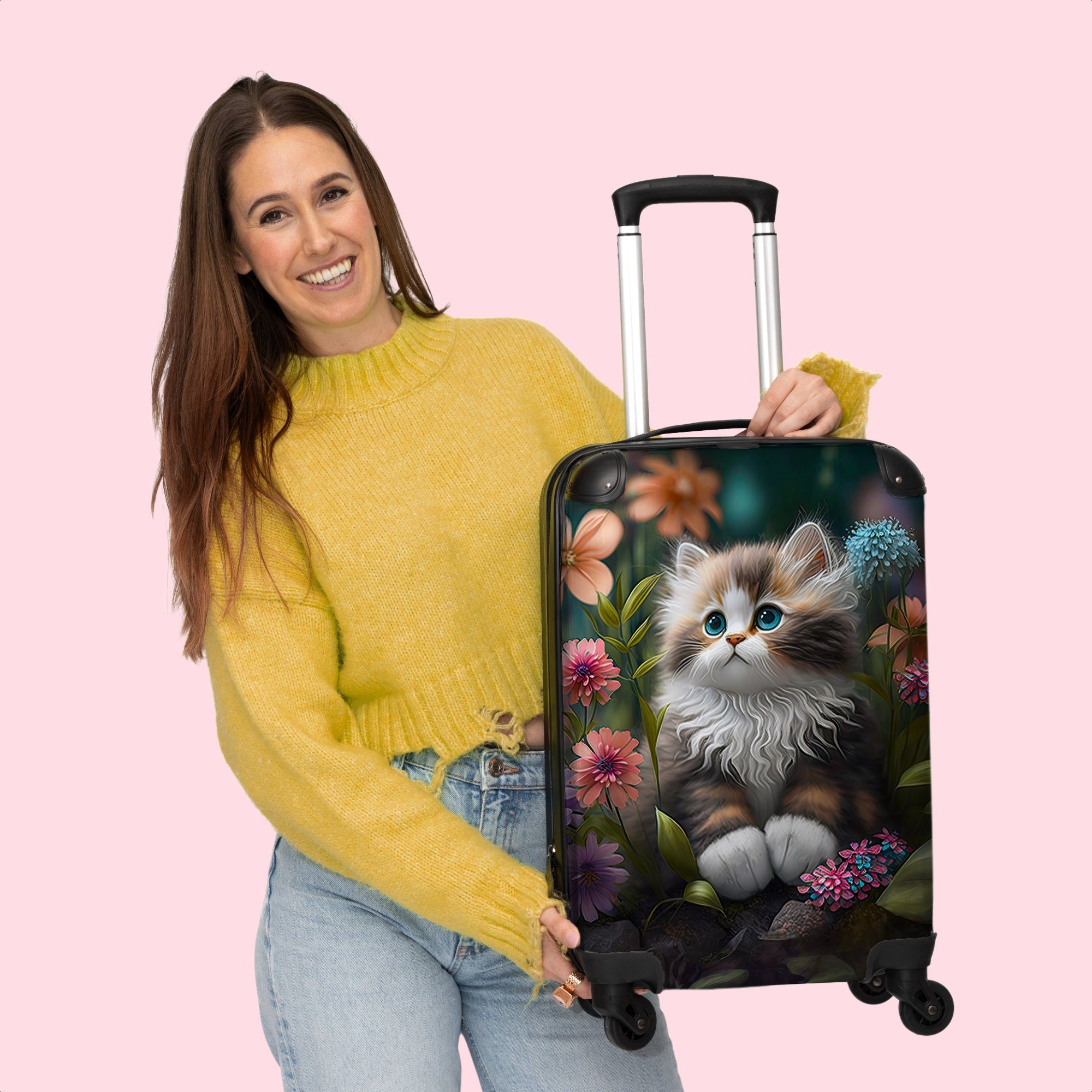 NoBoringSuitcases.com© Handgepäckkoffer 55x35x20cm Kätzchen - Illustration - Blumen - Natur - Katze, 4 Rollen, Handgepäck Trolley Rollkoffer Kleine Reisekoffer mit 4 Rollen - Cabin