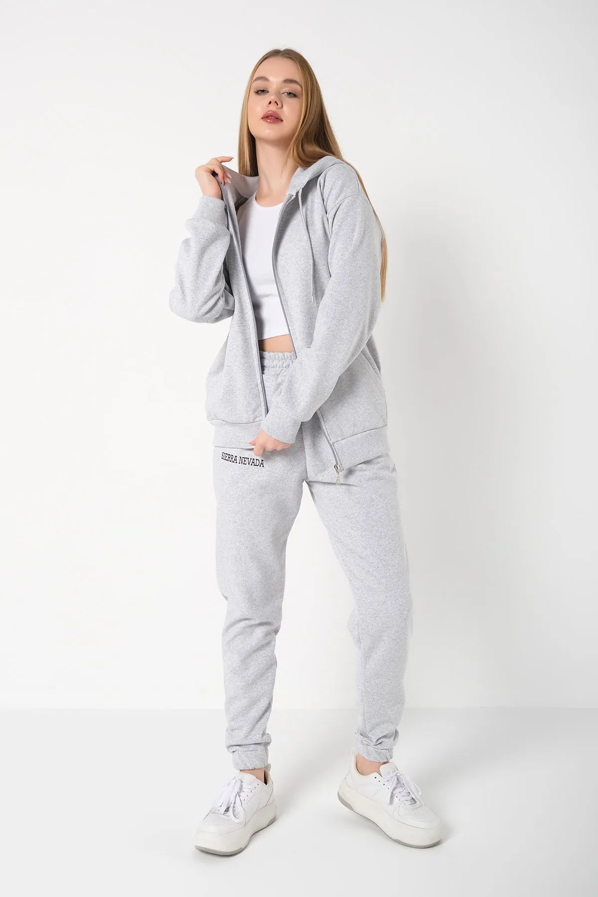 Know  Grauer Sierra Nevada bedruckter Cardigan-Jogger-Trainingsanzug für Damen