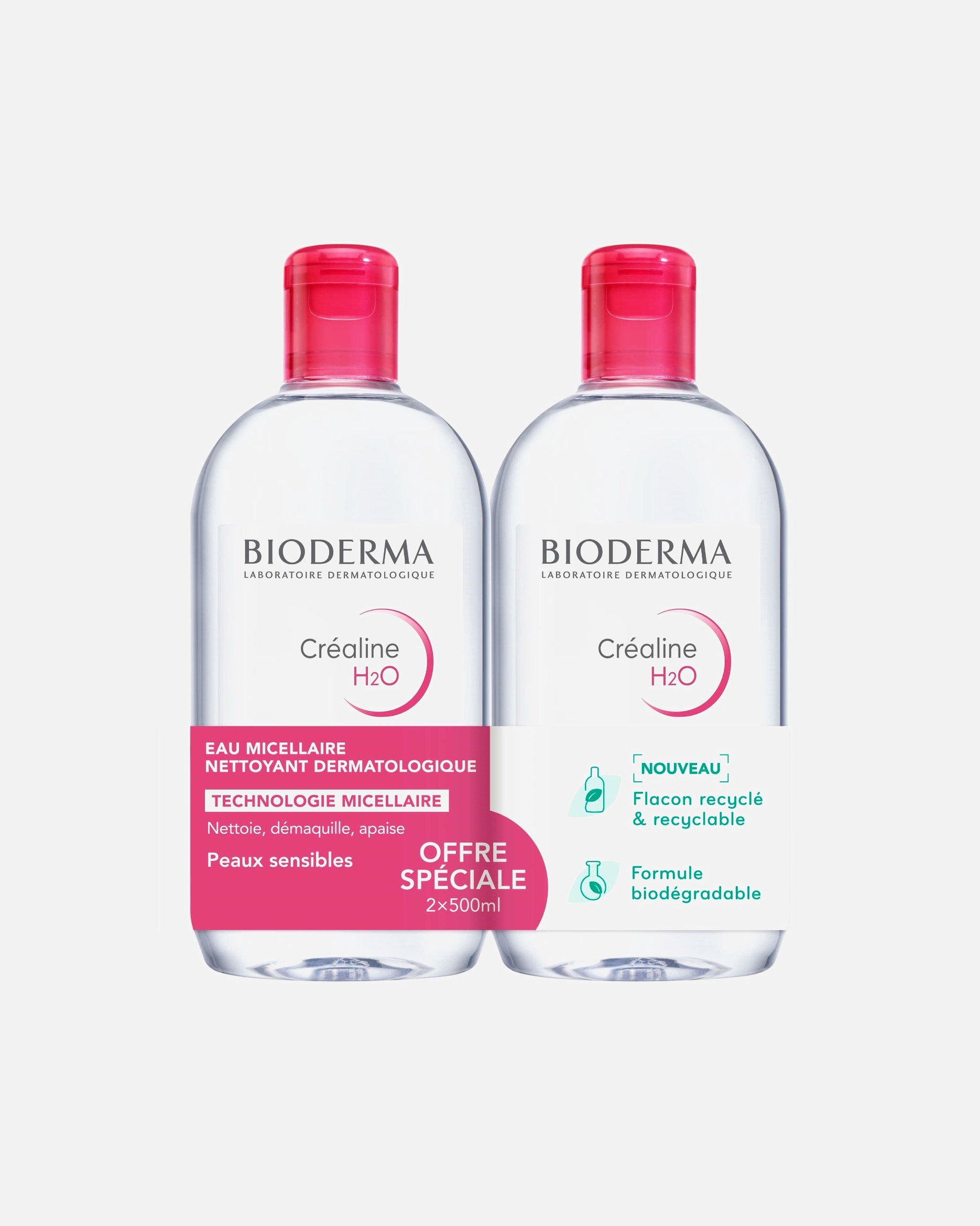 Bioderma CREALINE H2O, apă micelară demachiantă 2 x 500 ml Ten sensibil