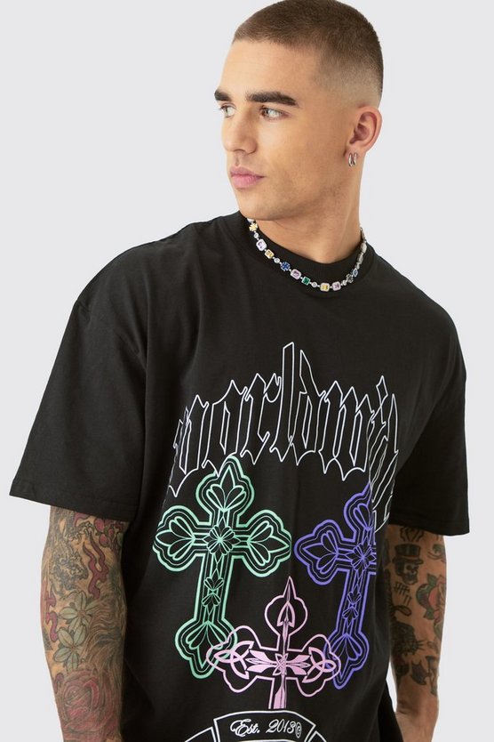 Oversize T-Shirt mit Gothic Kreuz Print