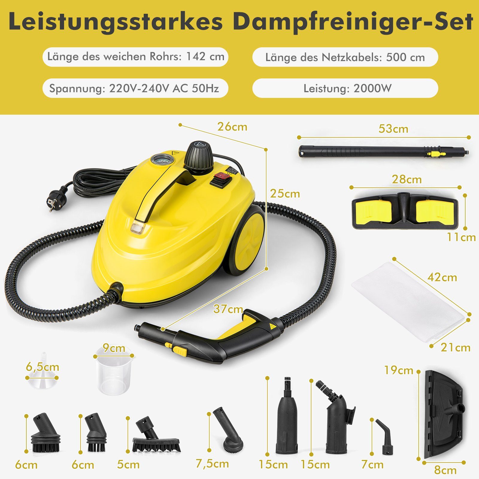 COSTWAY Dampfreiniger, 2000,00 W, 1,8 L Tank, 13 Zubehörteile, bis 108m²