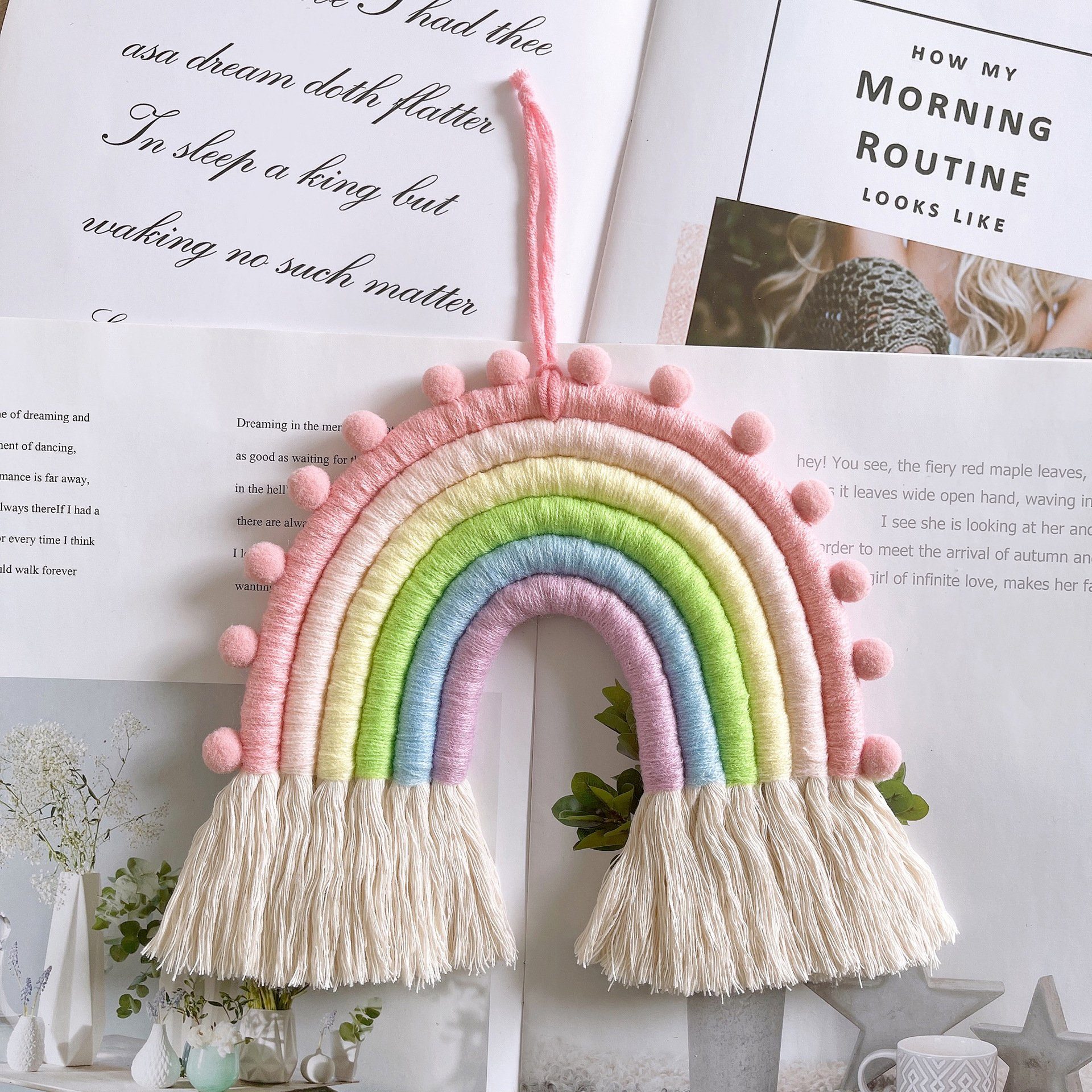 Wandteppich Gewebter Regenbogen Wandbehang Deko, 22cm Rosa Tuch Boho Wanddeko, Runxizhou