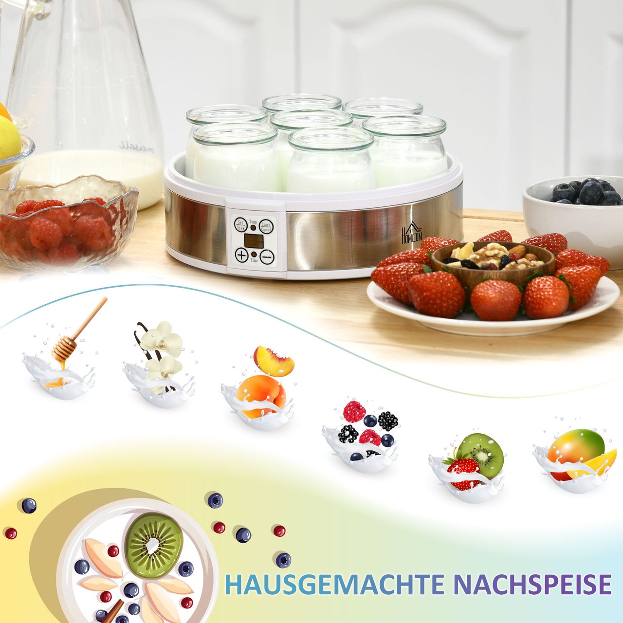 HOMCOM Joghurtbereiter Joghurtmaschine mit 48 Stunden Timer, 7 Gläser à 180 ml