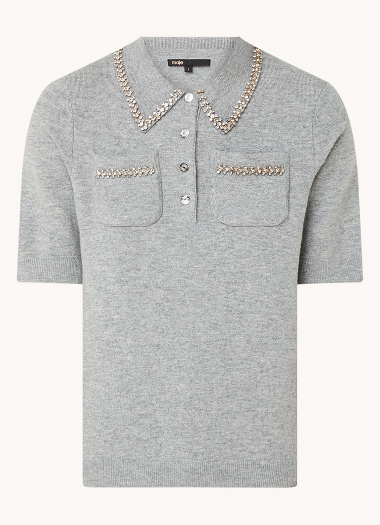 Maje Fine-knit top in cashmere blend with polo collar and rhinestones