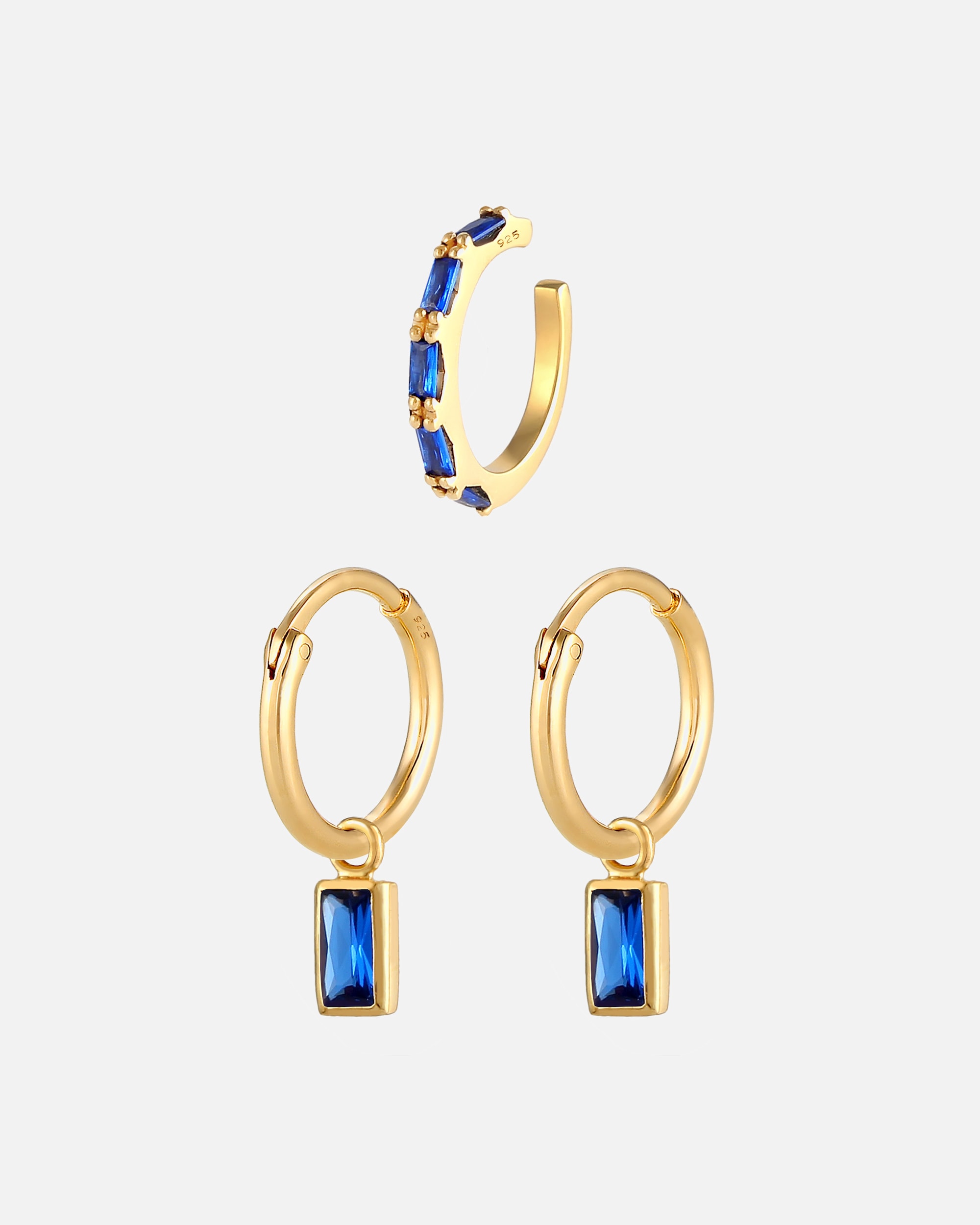 Boucles d'oreilles Elli PREMIUM pour femmes, modernes et élégantes, ornées de saphirs, en argent sterling 925 et plaqué or.