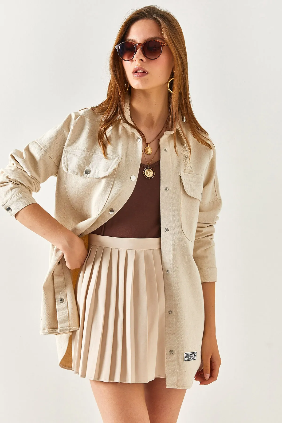 Olalook  Dickes Damenhemd mit abtrennbarem Stein und Patch-Detail CKT-19000169