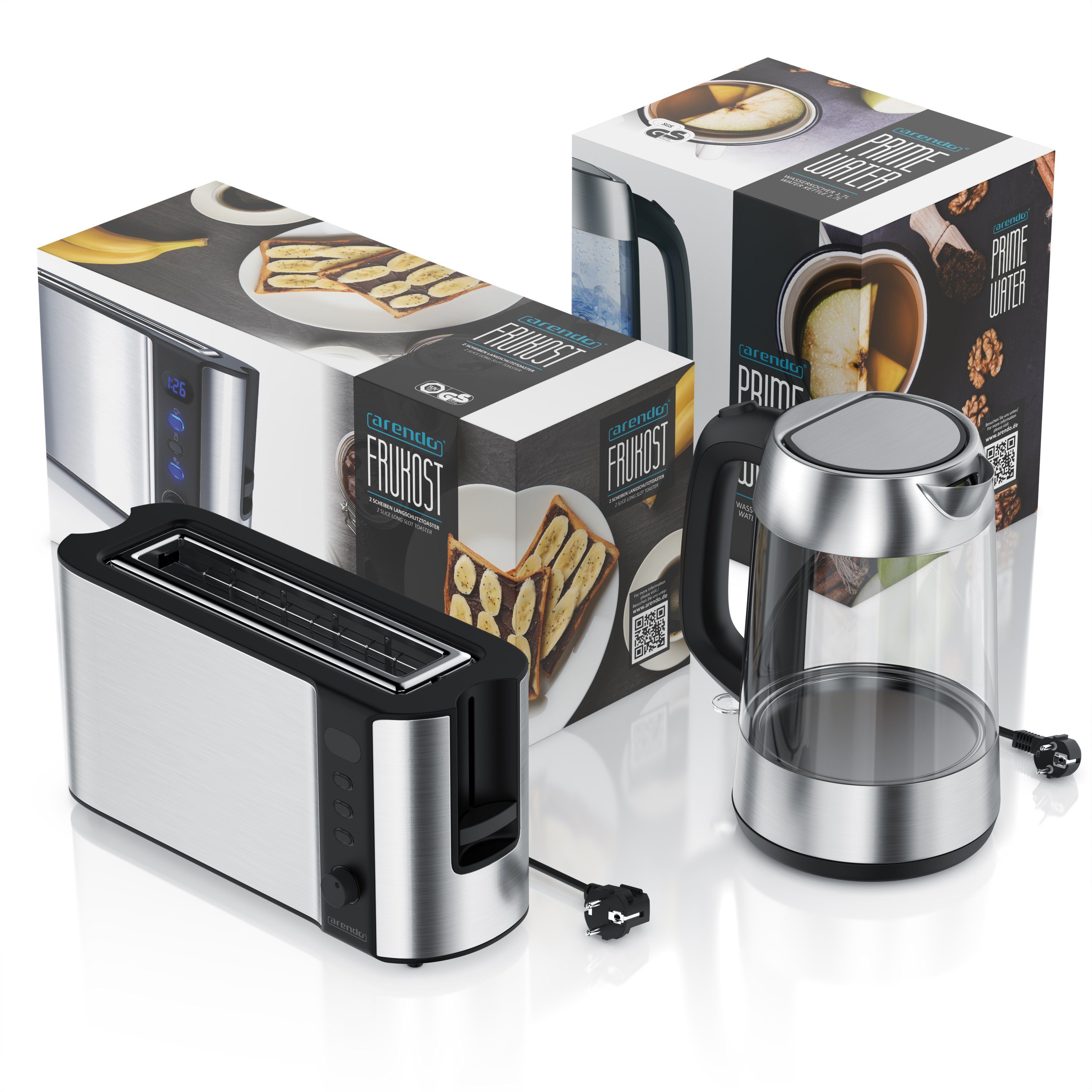 Arendo Frühstücks-Set (2-tlg), Glas Wasserkocher 1,7l / 2-Scheiben Toaster, Edelstahl, Silber