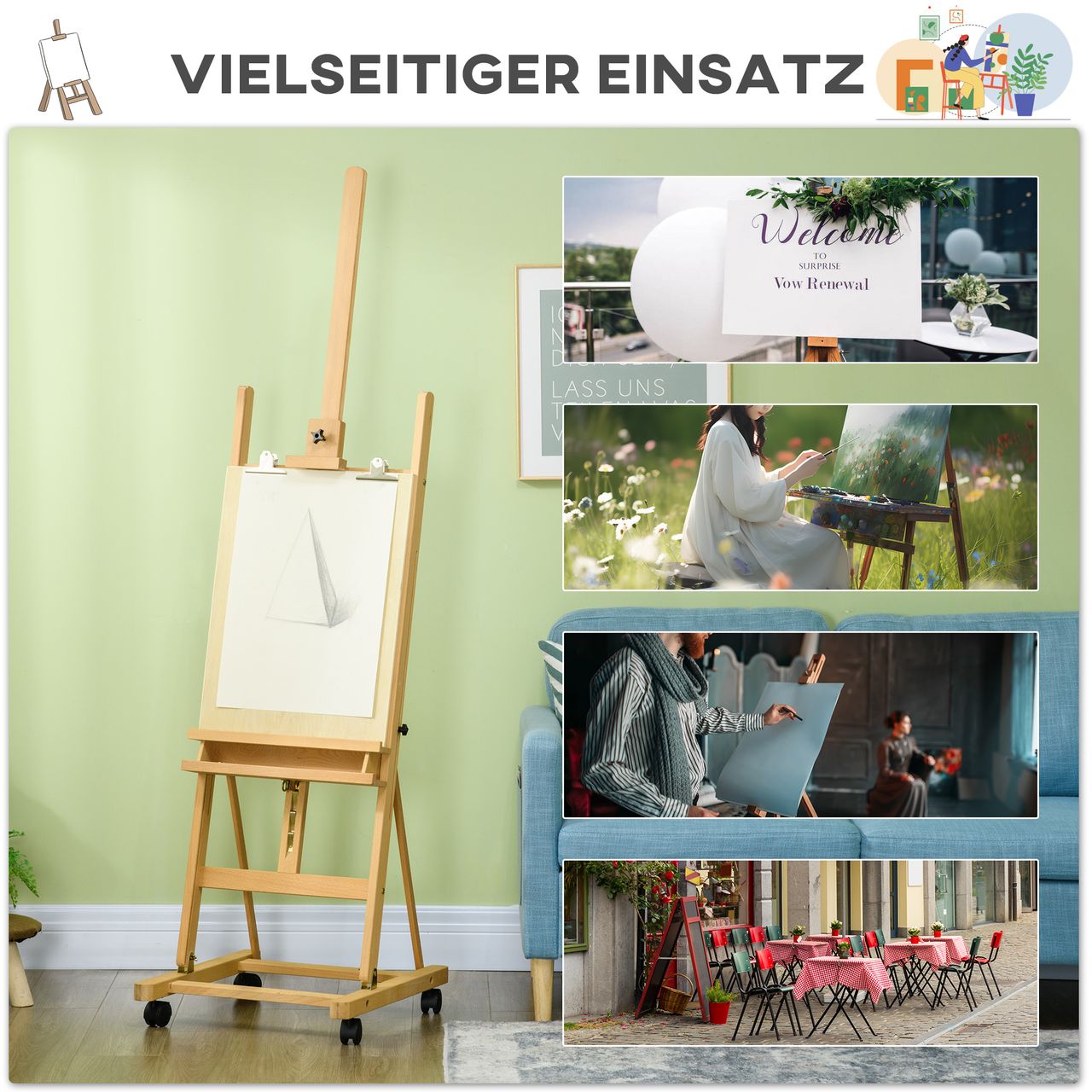 Vinsetto Staffelei Standstaffelei Klappbare Atelierstaffelei mit Rollen Holz