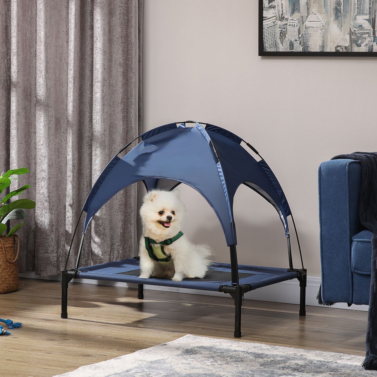 PawHut Haustierbett mit Baldachin Erhöhtes Hundebett Hundeliege outdoor Dunkelblau