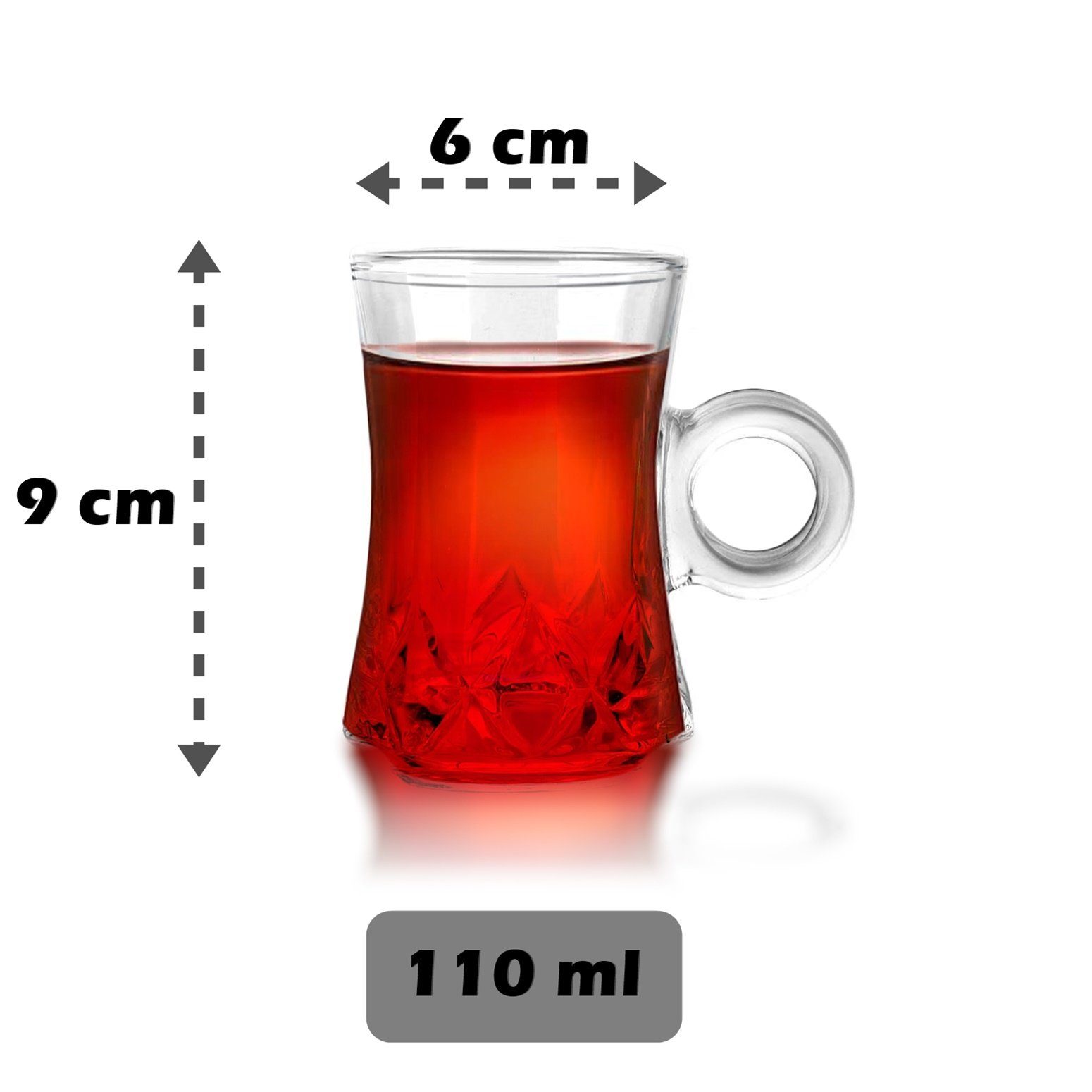 Fiora Teeglas Teeglas mit Henkel Espresso Glas Türkische Teegläser für Warm und Kalt Getränke, 6 teilig