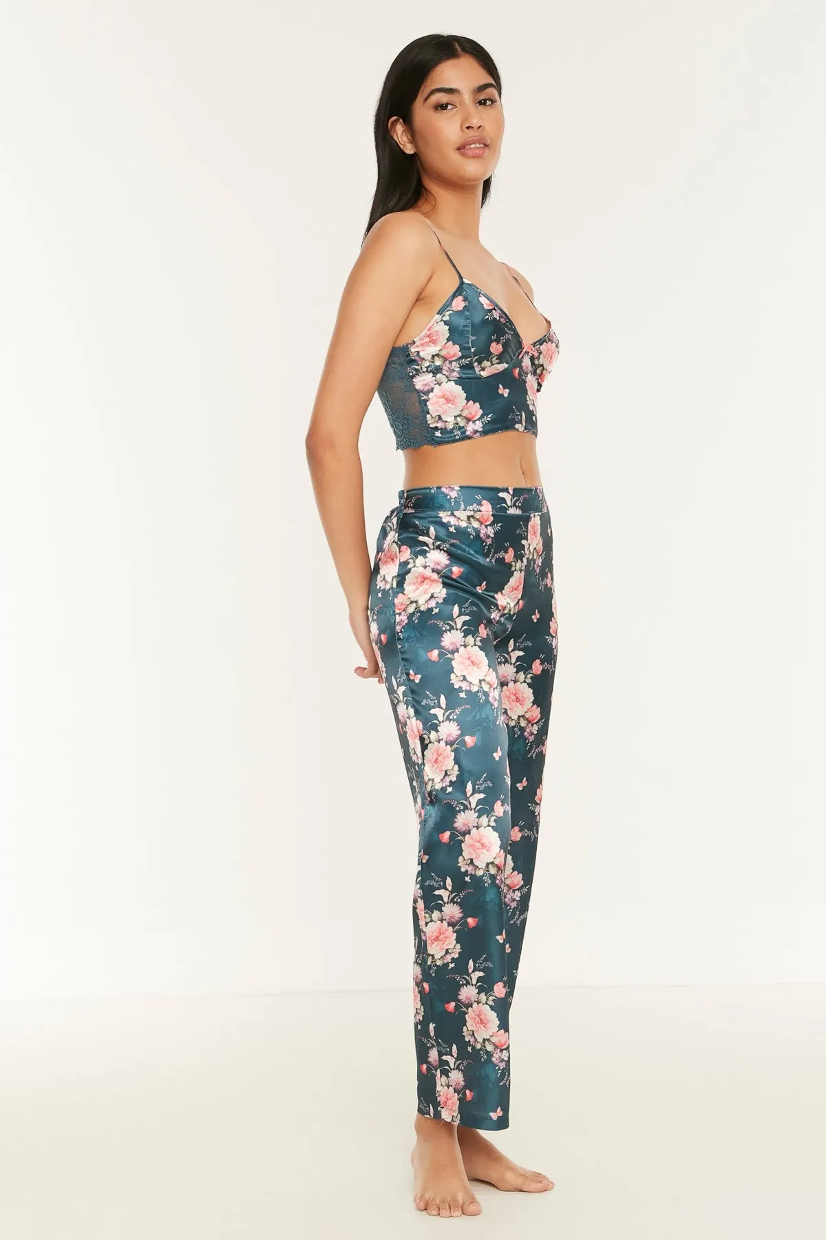 C&City  045 Gemustertes 3-teiliges Satin-Pyjama-Set für Damen Petrolgrün