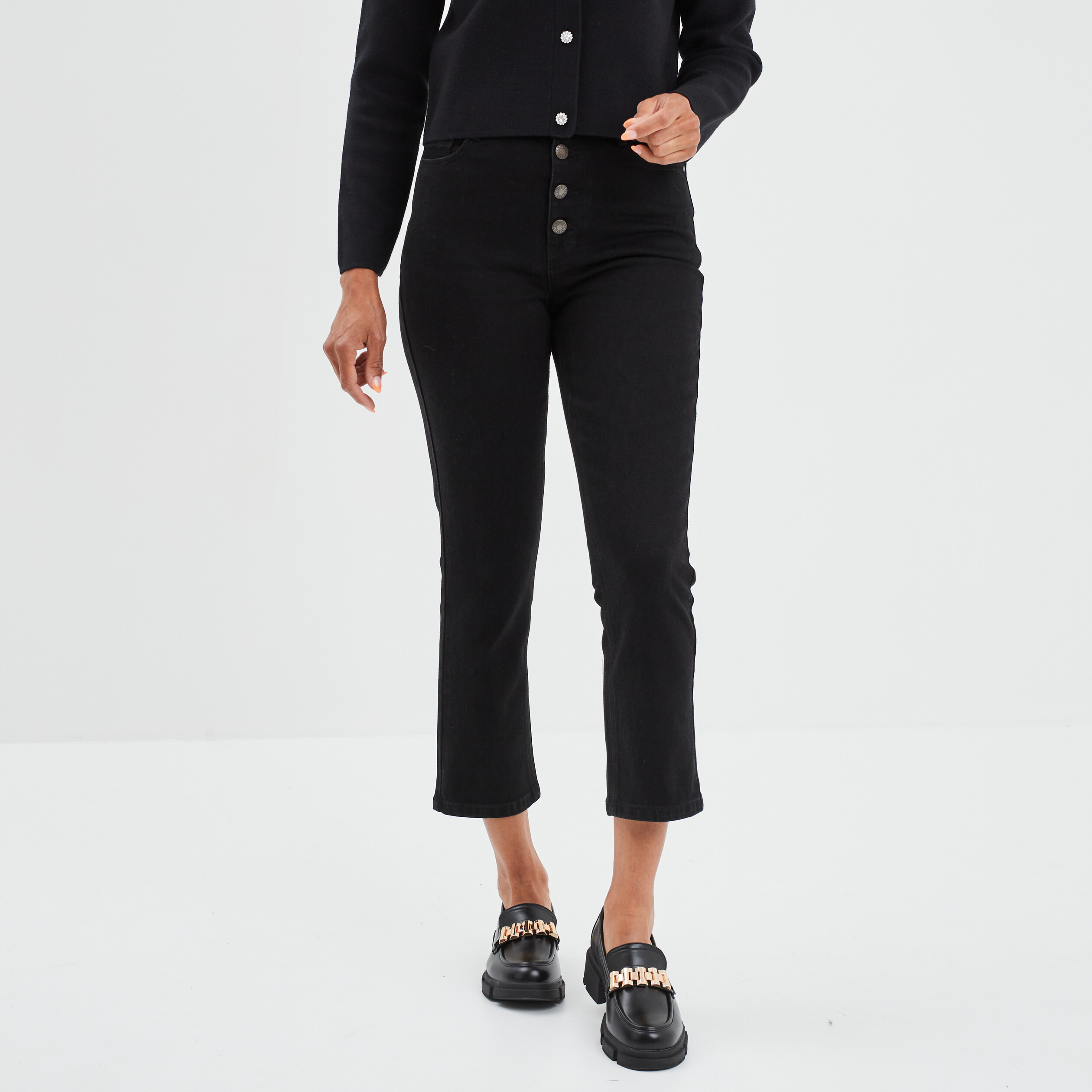 Jeans droit boutonné Liberto denim noir femme | La Halle