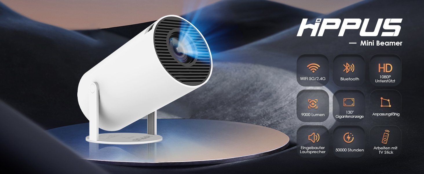 HIPPUS 1080P 5G WiFi Bluetooth, 120 ANSI automatic Mini-Beamer (9000 lm, 1,37:1, 1920x1080 px, Full HD 180°Dreh Maximal 130'' beeindruckende Heimkinoerlebnisse)