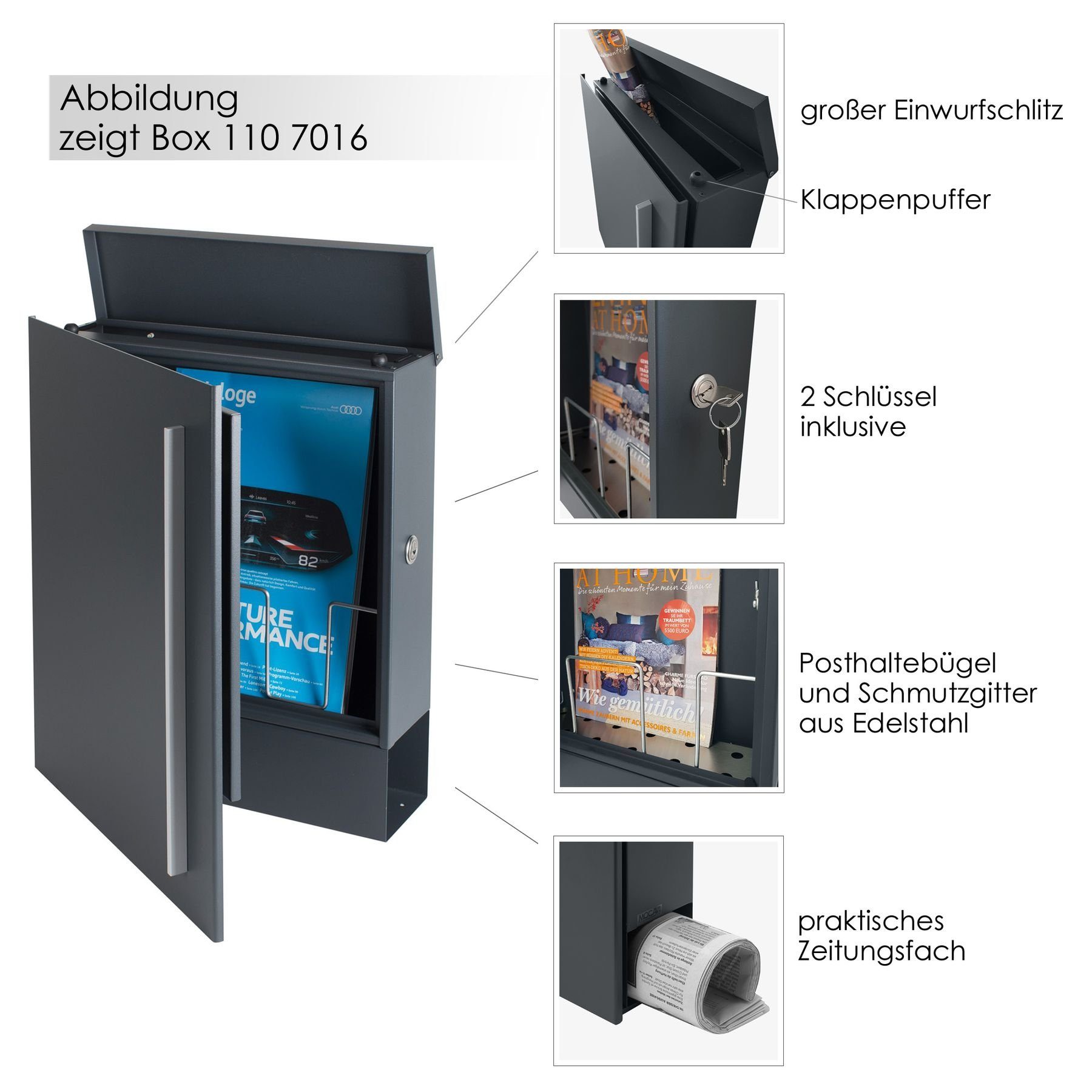 MOCAVI Briefkasten MOCAVI Box 110 Qualitäts-Briefkasten mit Zeitungsfach tannen-grün (RAL 6009), integriert; passender Verschluss (zusätzlich bestellbar) für Wetterseite, beidseitig nutzbar: Box Vers 1 VA
