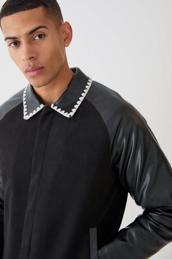 Harrington-Jacke aus Wildlederimitat und PU-Ärmeln
