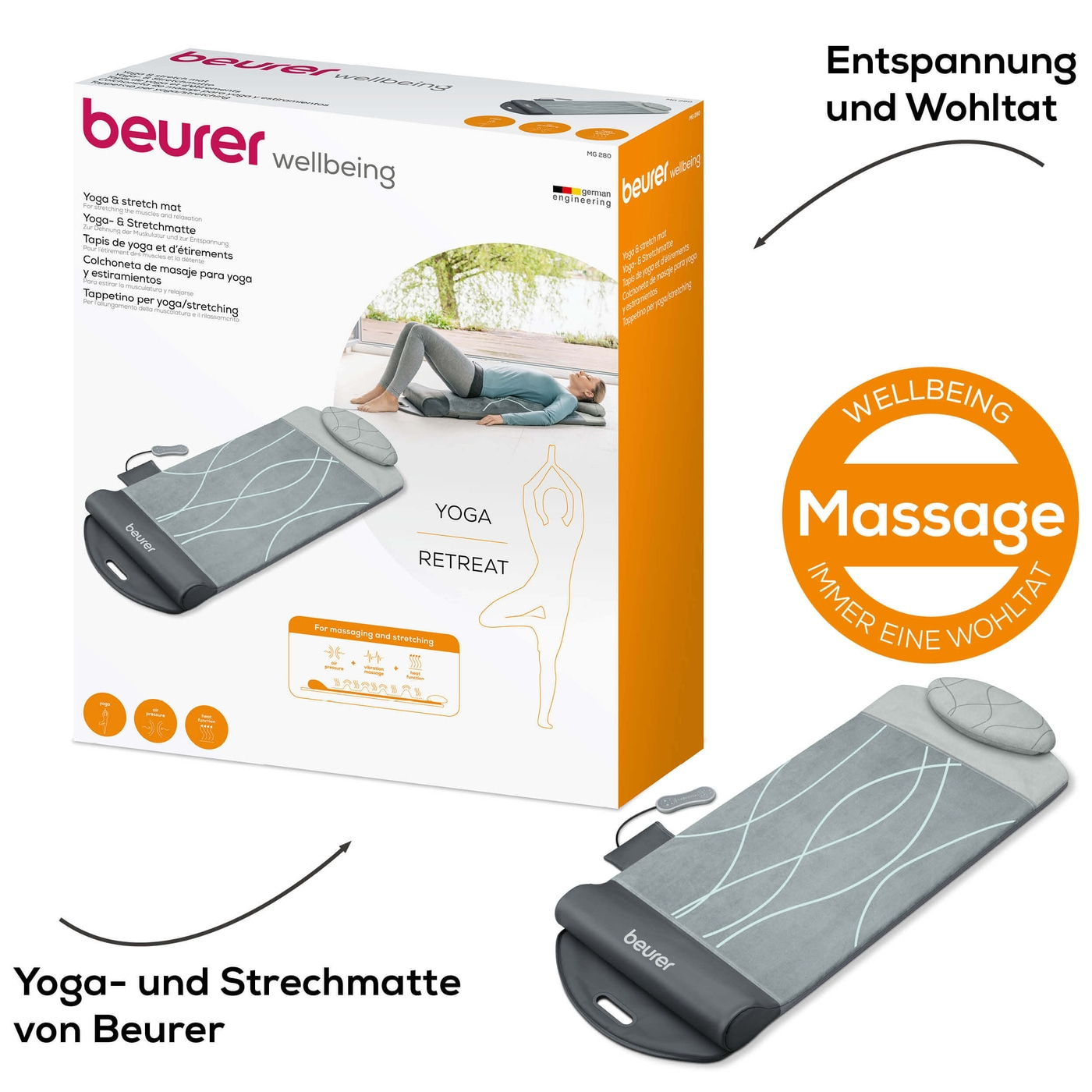 Beurer Yoga- und Stretchmatte MG 280-Stretchmatte zur Dehnung der Muskulatur mit aufblasbaren Luftkammern, Vibration & Wärme