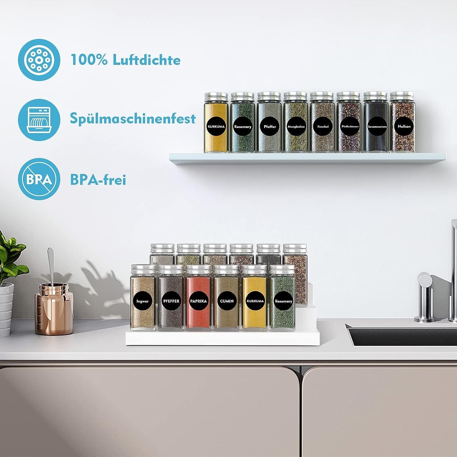 vokarala Gewürzbehälter Gewürzgläser Eckig 24 Set Glasbehälter Gewürzdosen aus Glas 120ml, (24-tlg), Gewürzstreuer mit Etiketten für Küche