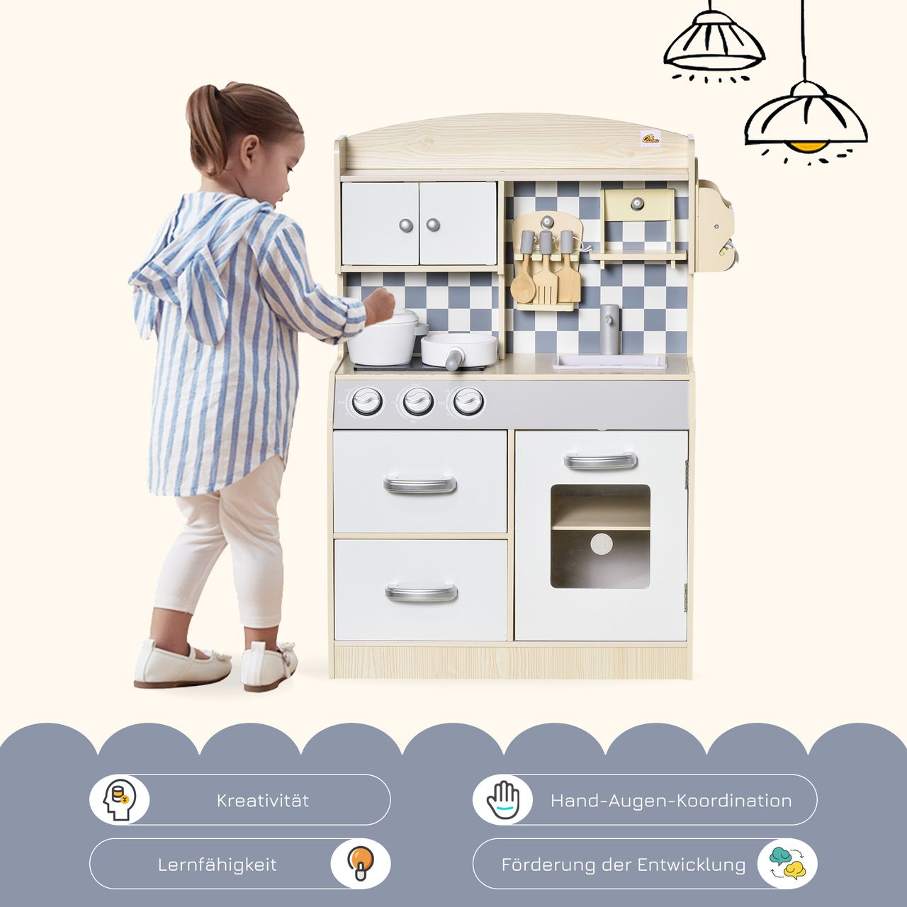 HOMCOM Kinderküche Spielküche aus Holz Küchenspielzeug mit Zubehör für 3–6 Jahre