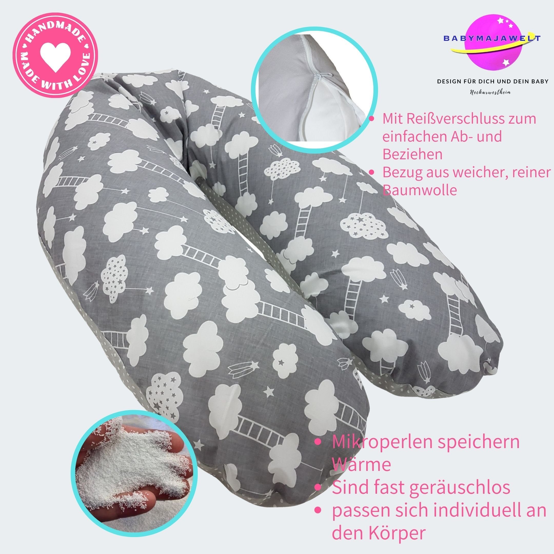 Babymajawelt Stillkissen Stillkissen Perlenfüllung Seitenschläferkissen XL, BiG Dream Kissen, Schwangerschaftskissen - Speichert Wärme!, Made In EU, Prall gefüllt, Individuell anpassbar