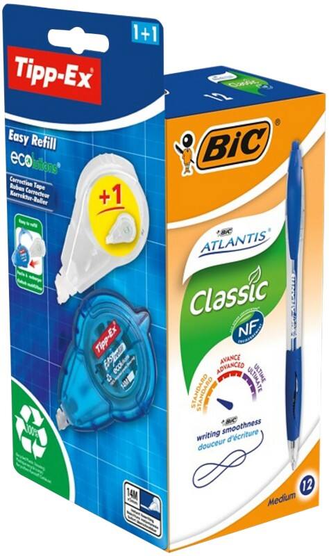 BIC Atlantis Classic Kugelschreiber Blau Mittel 0.32 mm Nachfüllbar Packung mit 12 Stück   GRATIS 1 Easy Tipp-Ex mit Nachfüllpackung