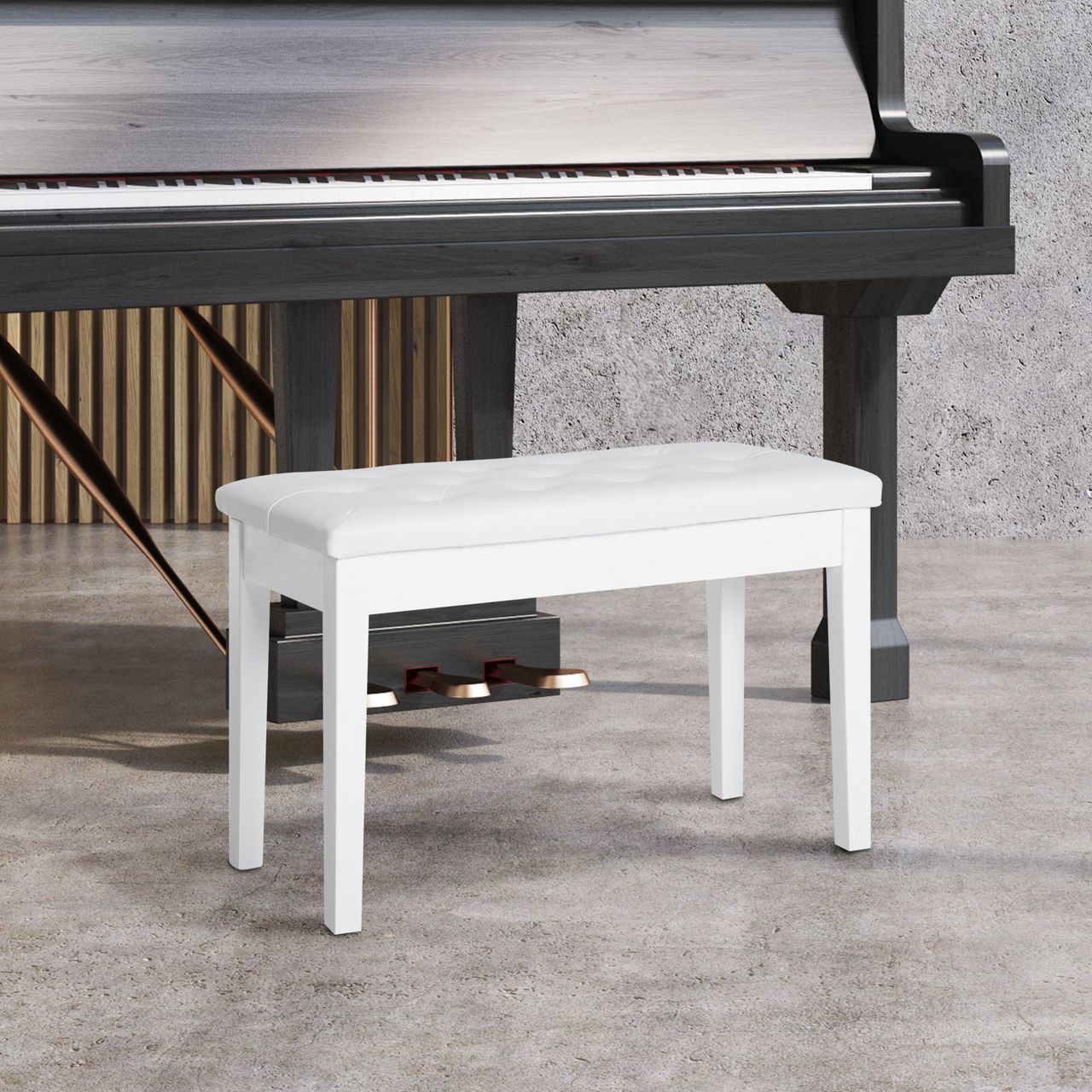 HOMCOM Klavierhocker Klavierbank traditionellen Landhausstil kosmetischer Hocker Stauraum Gummiholz Kunstleder Weiß 76 x 36 x 50 cm