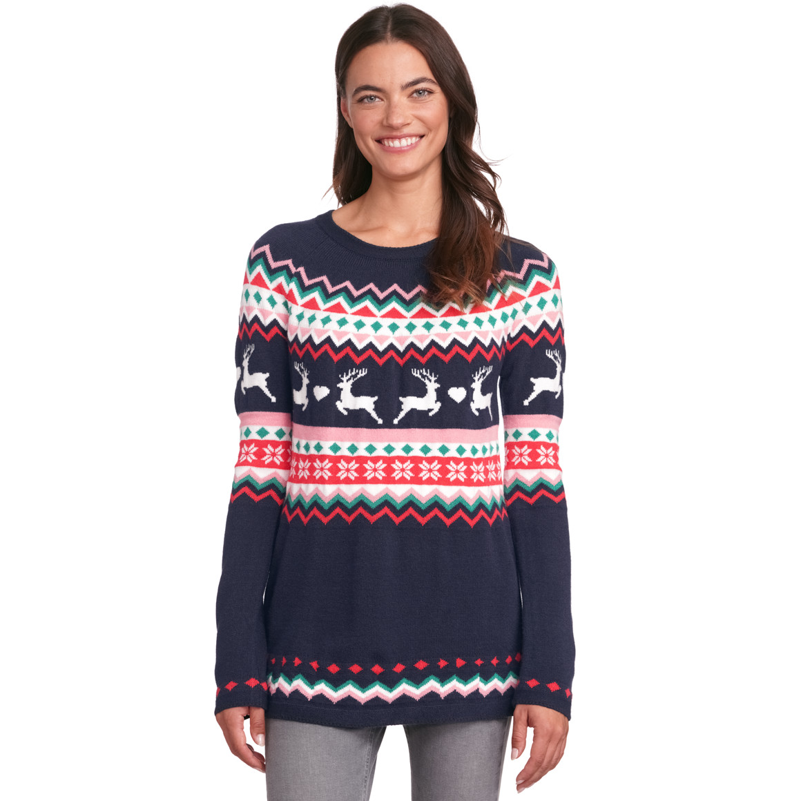 Damen Weihnachtspullover im Norweger-Look dunkelblau / weiss / rot