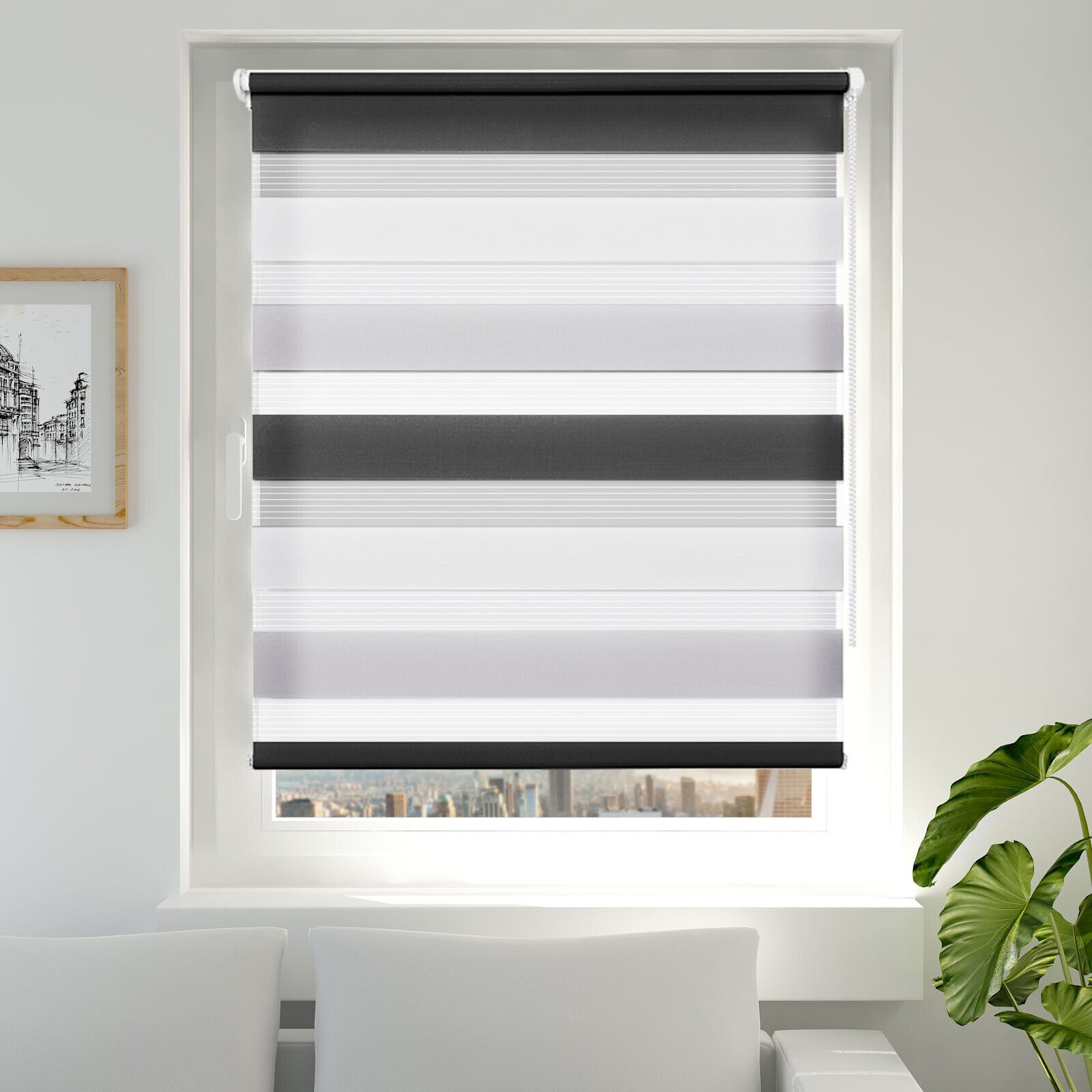 Doppelrollo ohne Bohren 130cm/150cm/230cm, OUBO, freihängend, verspannt, Klemmfix, Klemmträger, Für Fenster und Tür mit Klemmträger lichtdurchlässig verdunkelnd