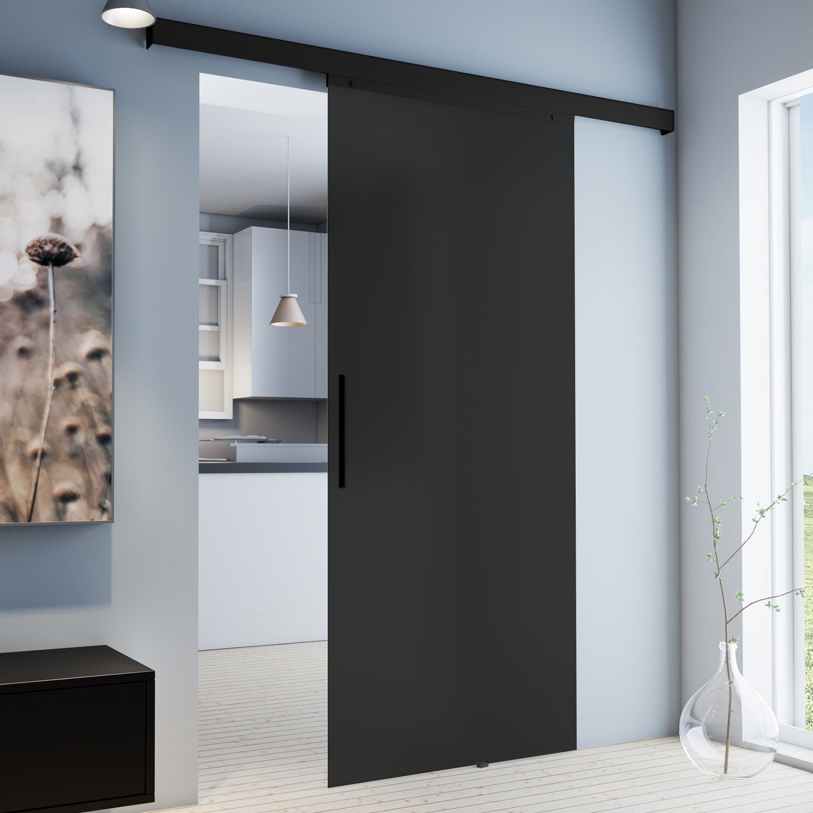 inova wohnen Glasschiebetür Schwarz vollflächig satiniert (inkl. Stabgriff und Schienensystem in Schwarz), 90 x 203,5 cm