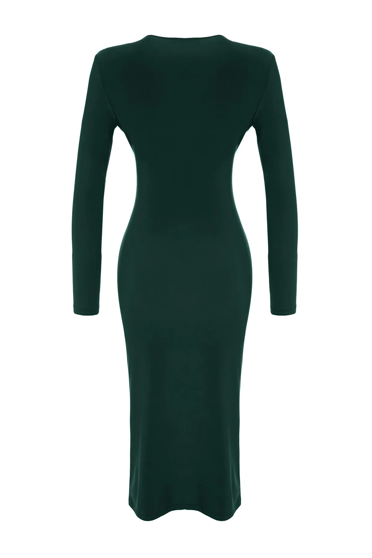 Trendyol Collection  Smaragdgrünes, drapiertes, figurbetontes, flexibles Midi-Strickkleid mit V-Ausschnitt TWOAW24EL00197