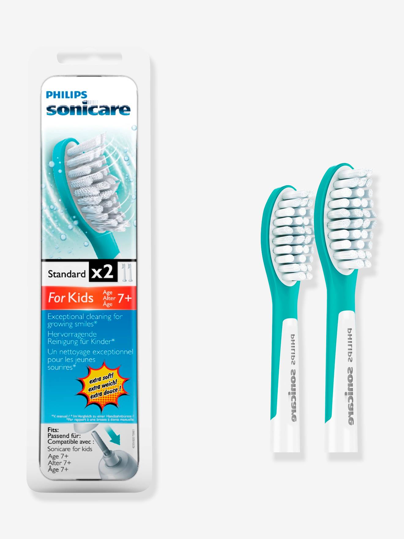 Lot de 2 têtes compactes (7 ans et +) pour brosse à dents électrique PHILIPS Sonicare For Kids aqua/blanc