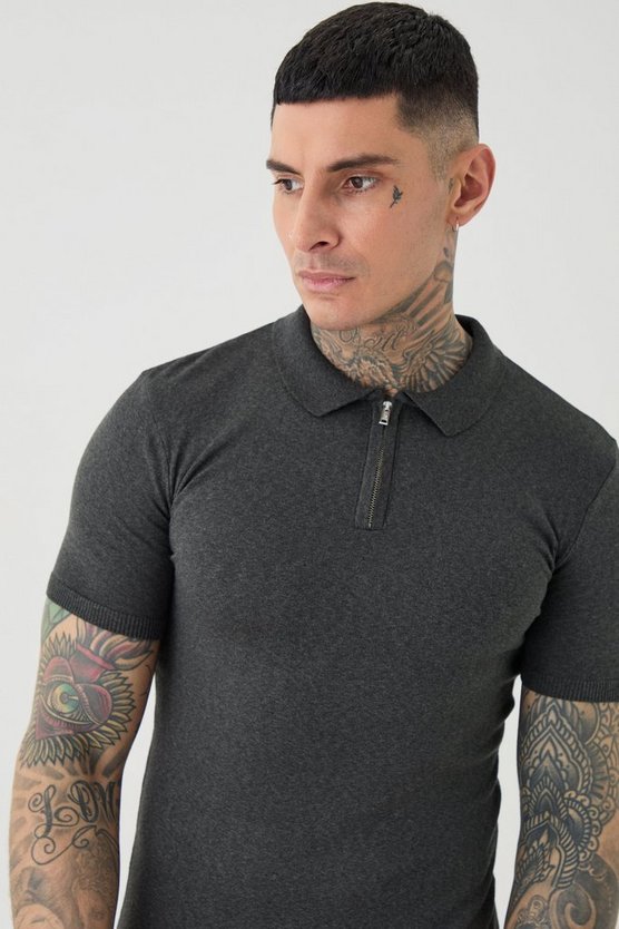 Tall kurzärmliges Muscle-Fit Poloshirt mit Reißverschluss