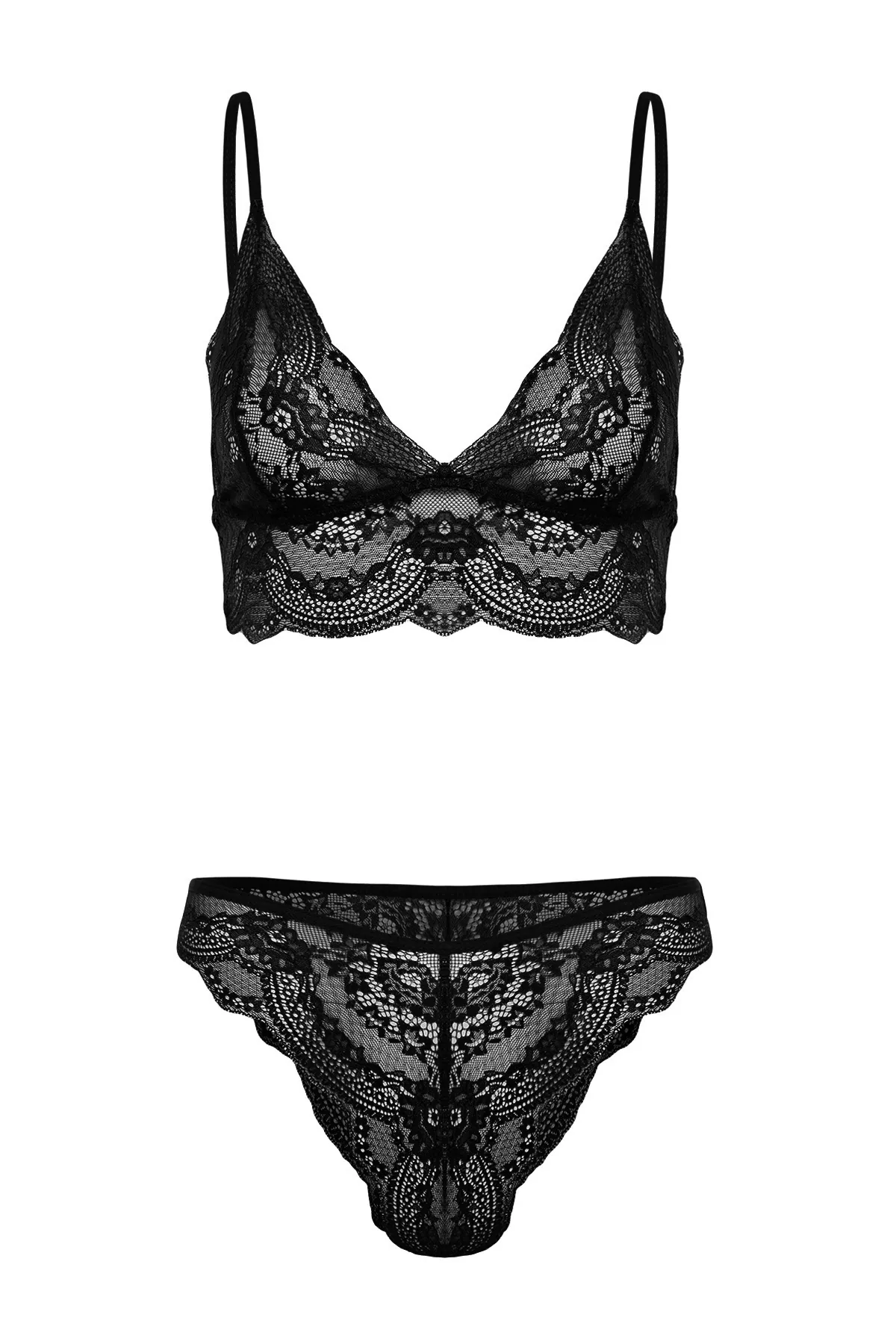 Trendyol Collection  Schwarzes, gestricktes Unterwäscheset ohne Kappe aus Spitze mit String-Trägern THMSS24CC00030