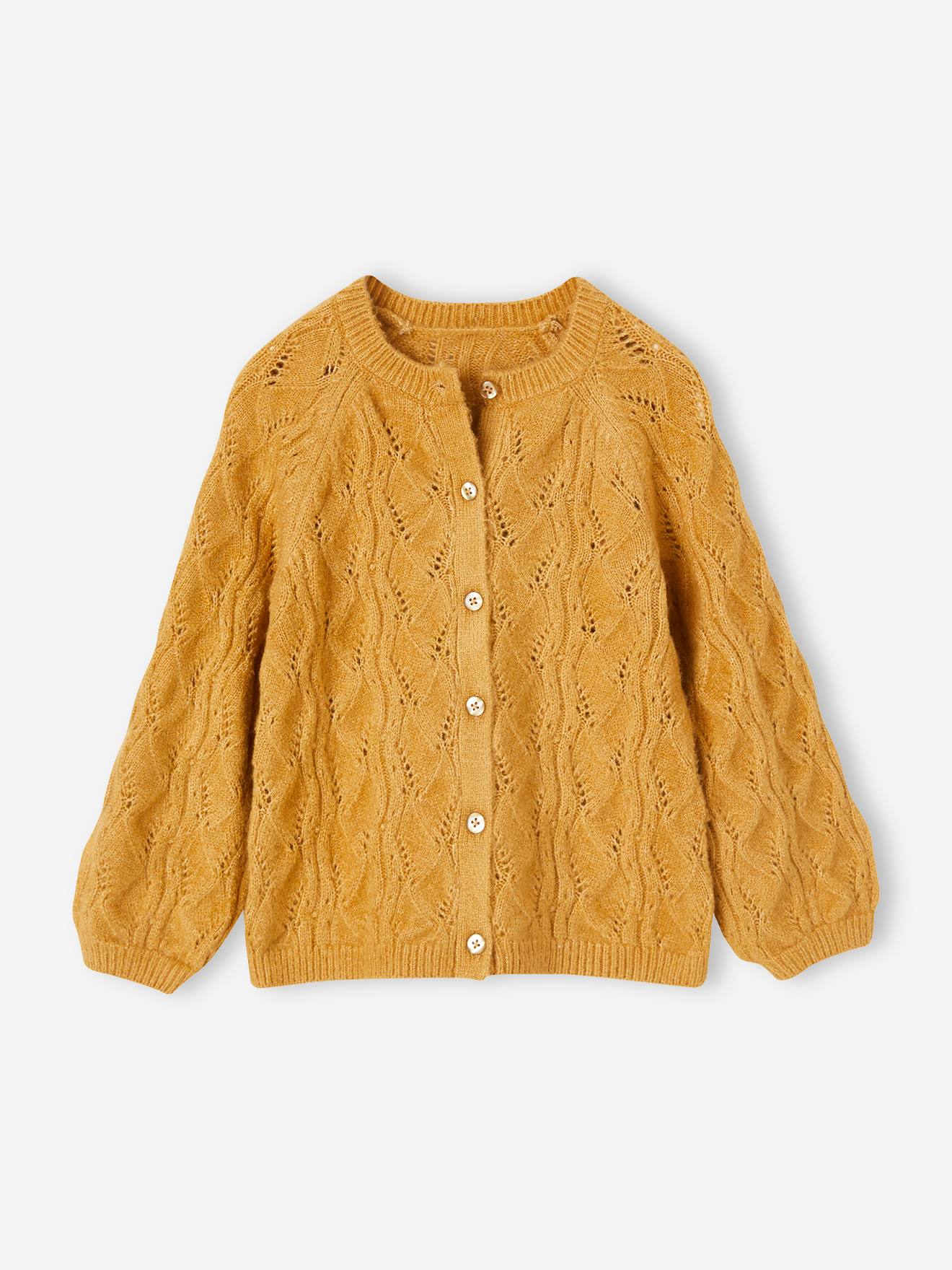 Gilet maille fantaisie ajourée fille moutarde