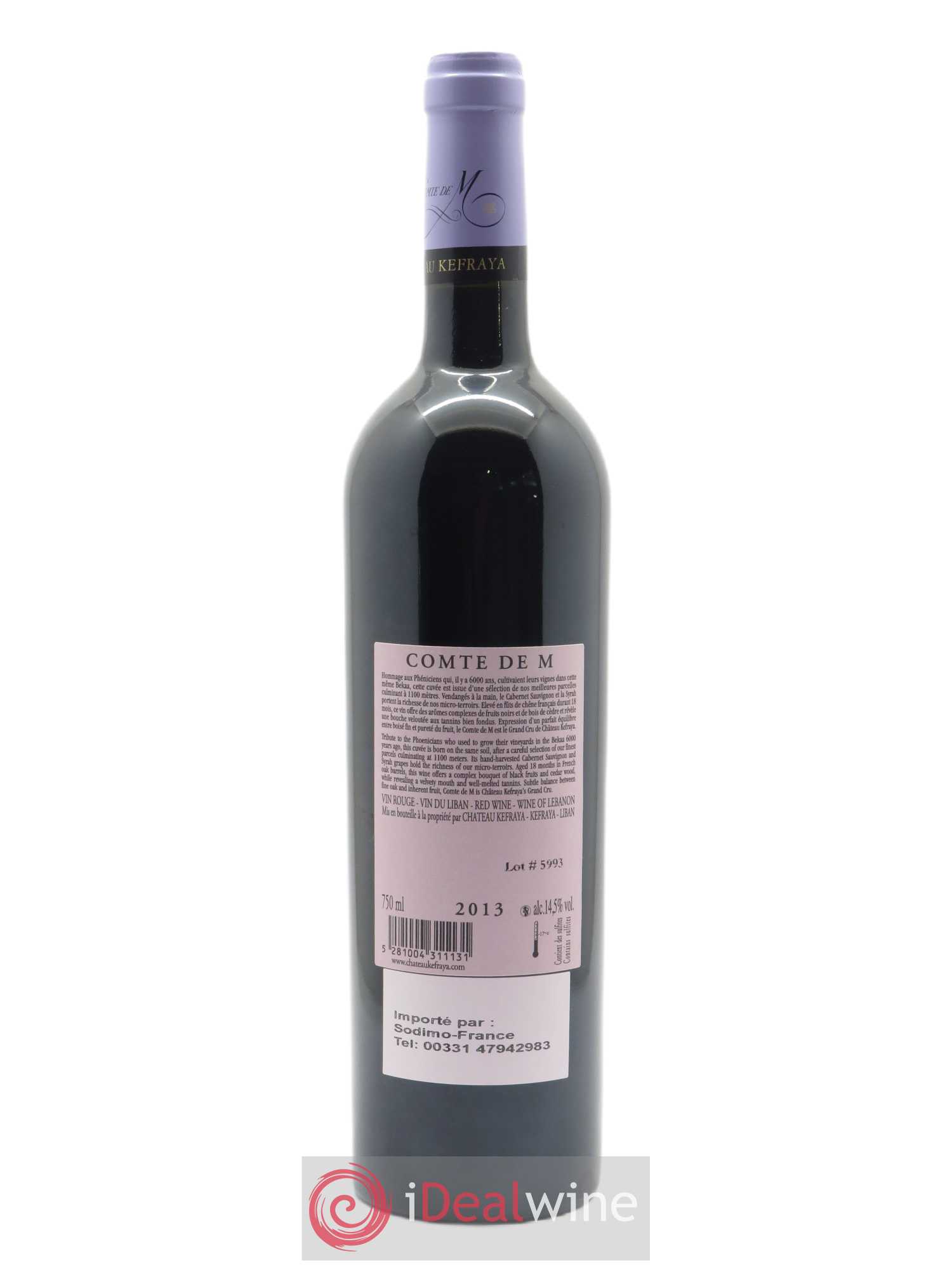 Vallée de la Békaa Château Kefraya Comte de M Michel de Bustros  2013 - Lot de 1 Bouteille