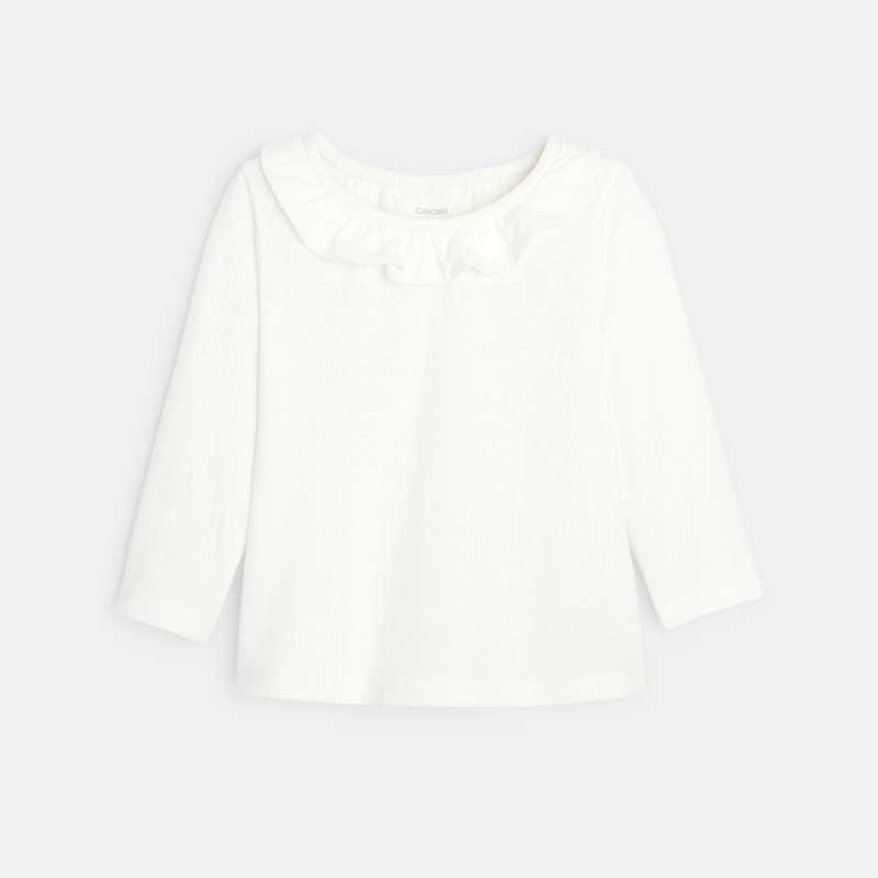 T-shirt col volanté maille fantaisie beige bébé fille