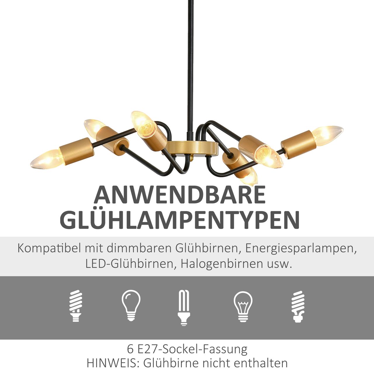 HOMCOM Kronleuchter Hängelampe 6-flammig höhenverstellbar Pendelleuchte Deckenleuchte Industrial mit E27 Lampenfassung für Wohnzimmer Schlafzimmer Metall Schwarz Gold Ø48 x 120 cm