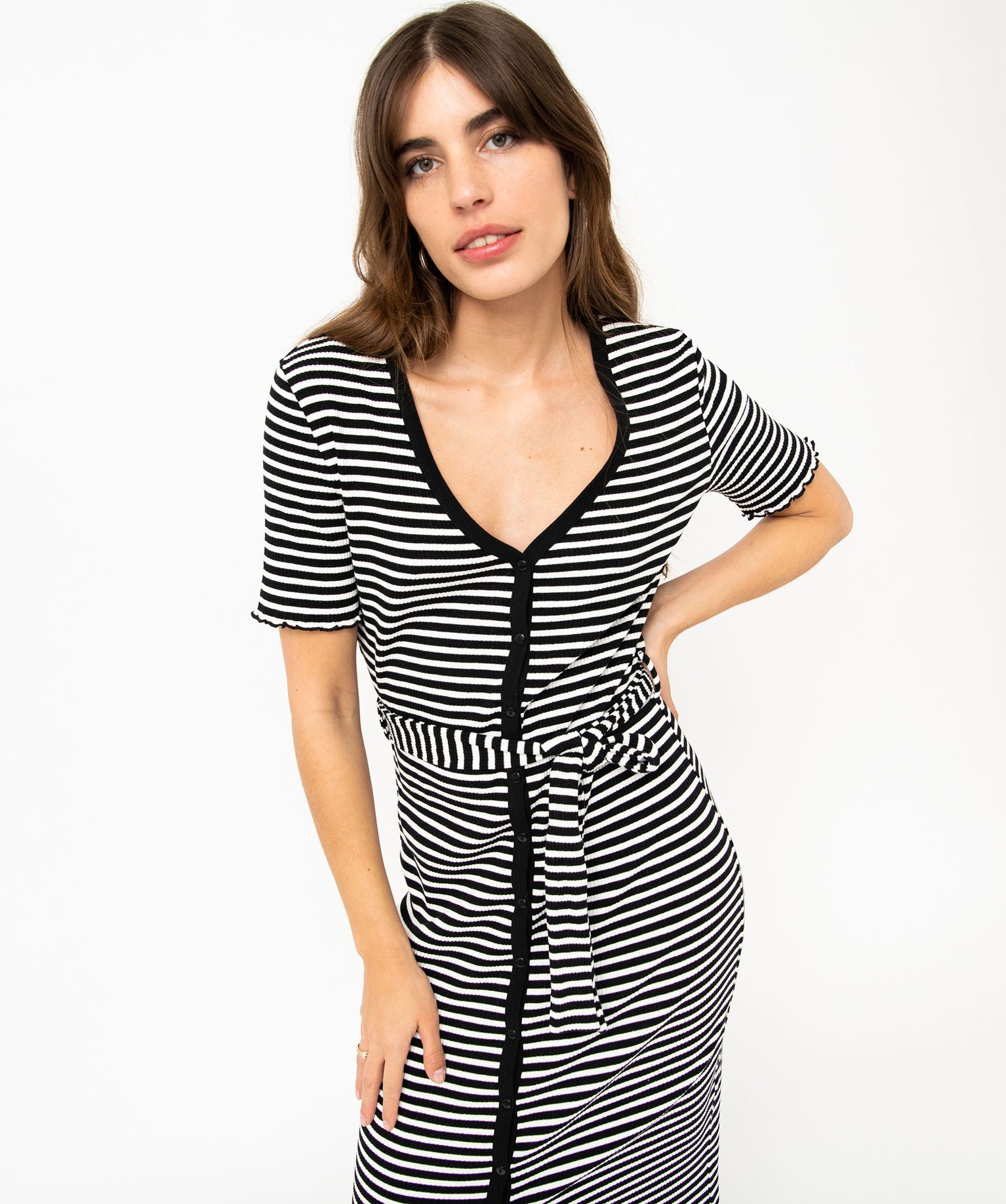 Robe chemise en maille ctelée rayée à manches courtes f... raye | GEMO