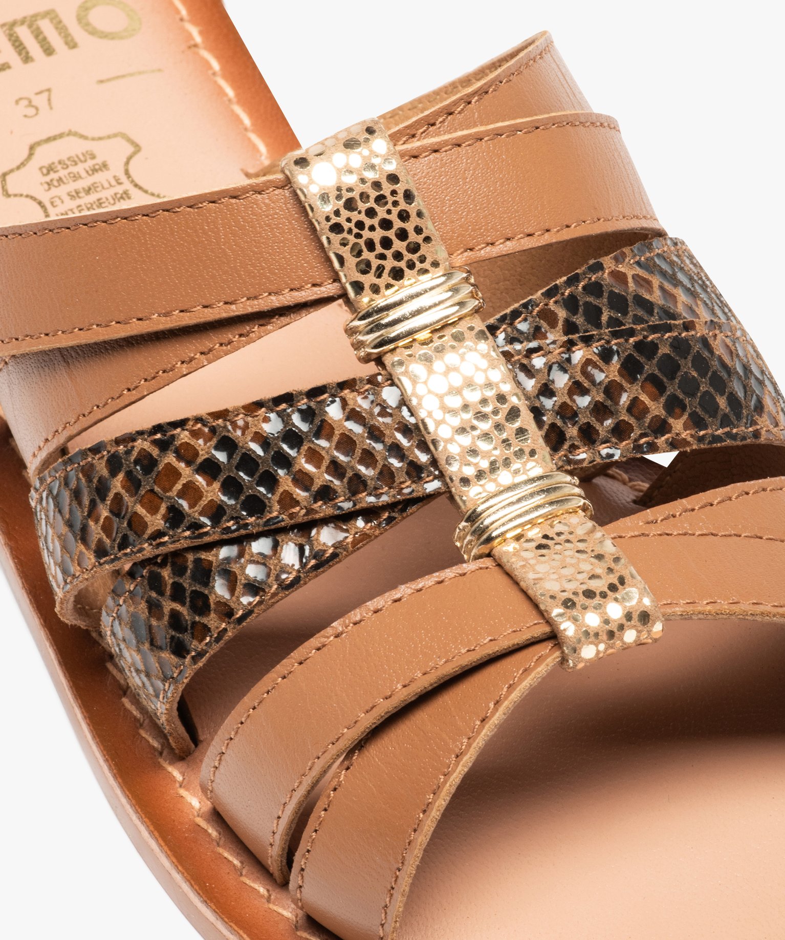 Sandales femme mules plates dessus cuir détails métal marron | GEMO