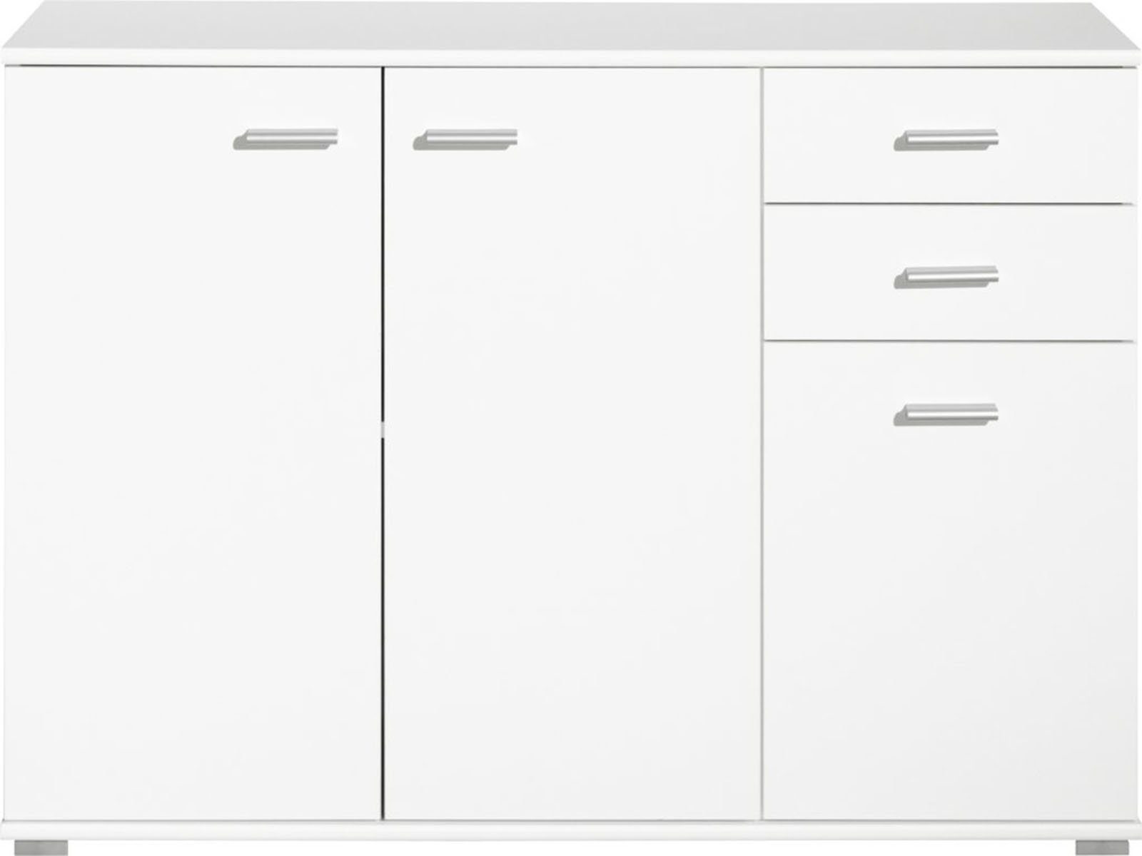 möbelando Sideboard Uwe, mit 3 Drehtüren, 2 Schubkästen und einen Fachboden. Breite 107 cm, Höhe 74 cm, Tiefe 34 cm