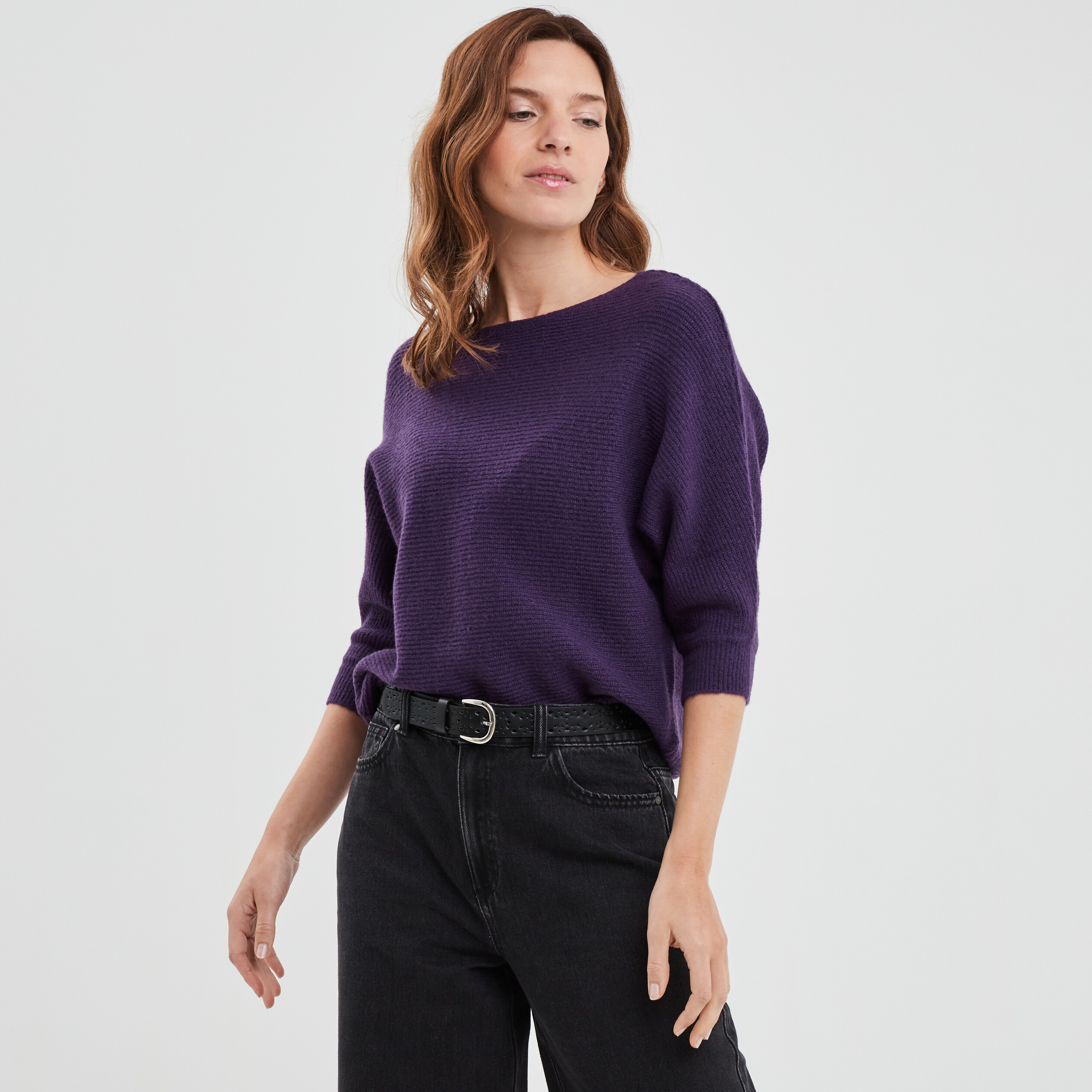 Pull manches 3 4 chauve-souris violet foncé femme | La Halle