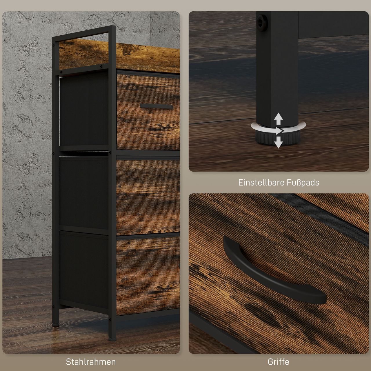 HOMCOM Kommode, Sideboard mit 4 Faltbaren Schubladen aus Stoff, Regal und Griff