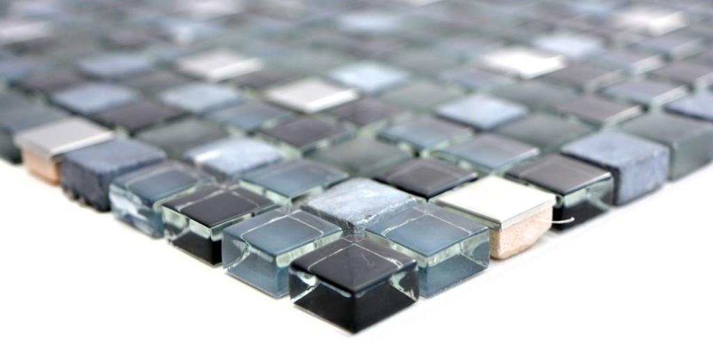 Mosani Mosaikfliesen Glasmosaik Naturstein Edelstahl Mosaik schwarz glänzend / 10 Matten