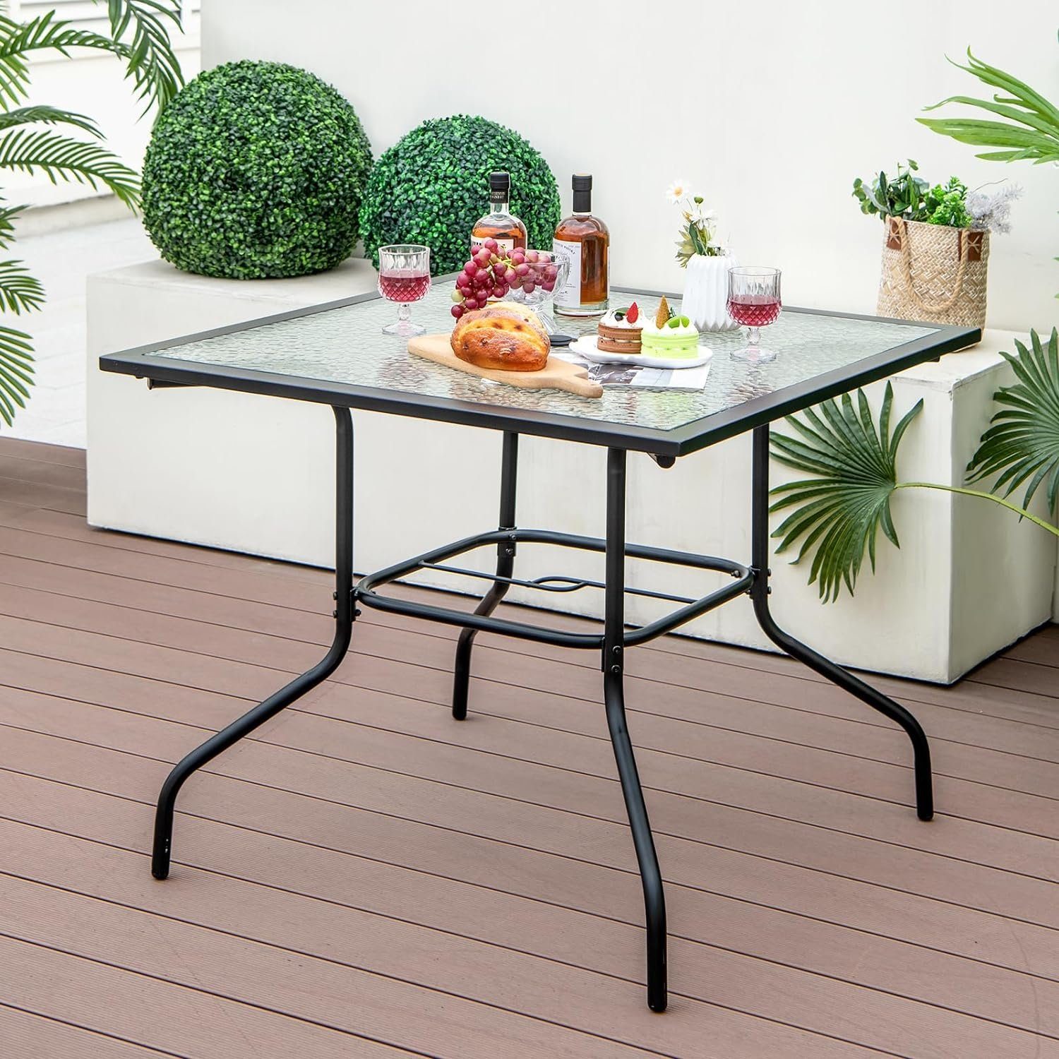 KOMFOTTEU Gartentisch Bistrotisch, mit Glasplatte & 38mm Schirmloch, 89×89 cm