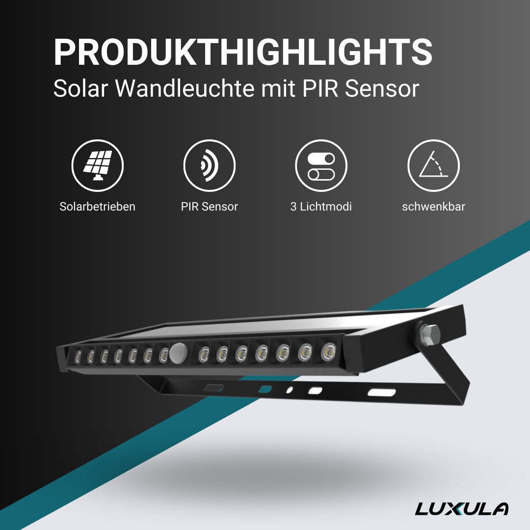 LUXULA Solar Wandleuchte mit PIR-Sensor, Outdoorleuchte, 10W