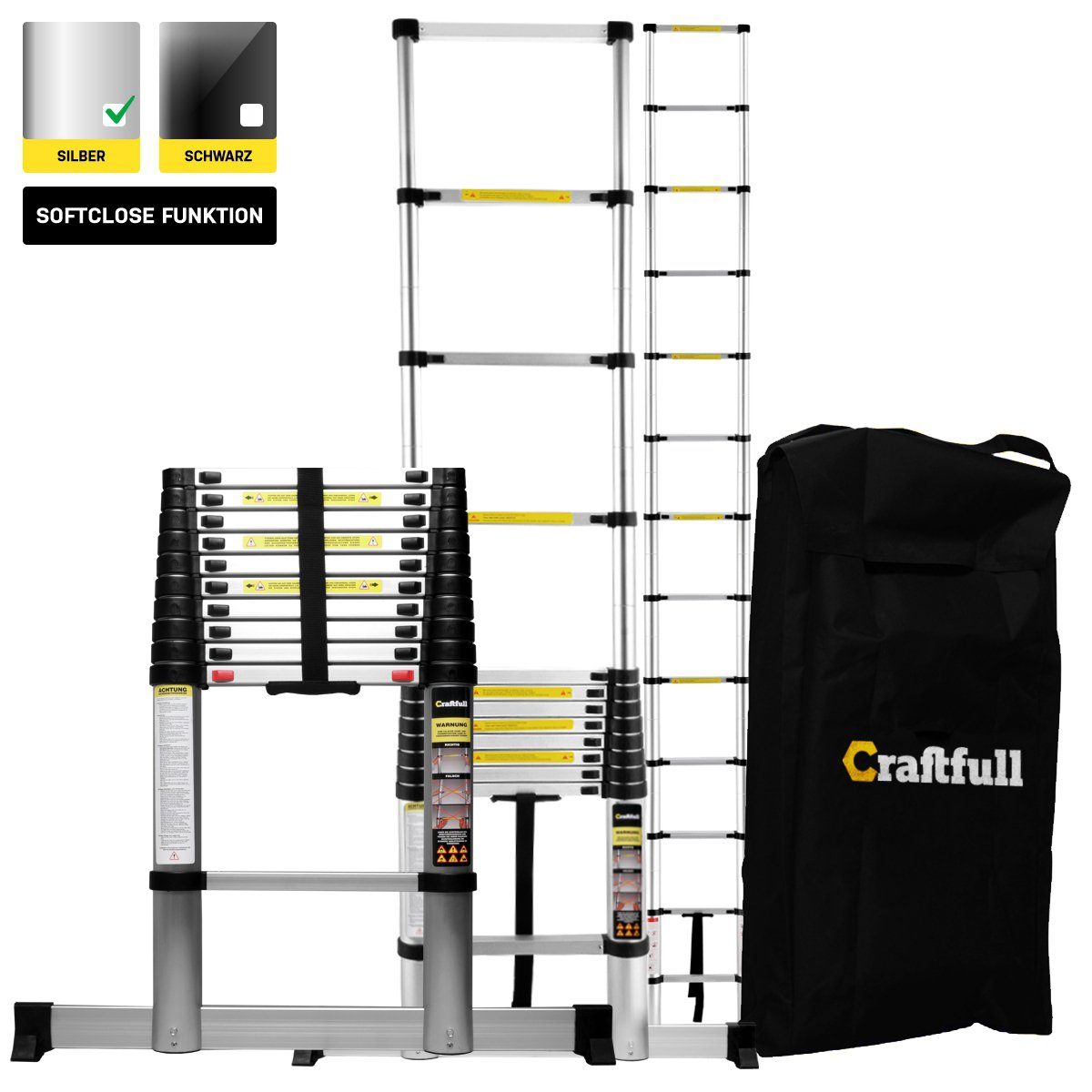 Craftfull Teleskopleiter Alu Leiter CF-101B - 3 J. Garantie - 2 - 4.4 m - Soft-Close-Funktion (inkl. Tragetasche - 150 kg Traglast - Alu Stehleiter bis 150 kg - Anlegeleiter - Trittleiter - Wandleiter - Arbeitsbühne - Multigerüst - Haushaltsleiter -